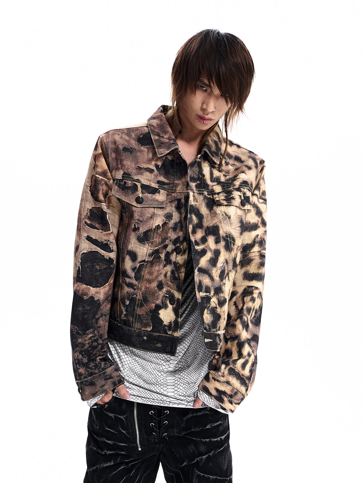 LEOPARD RHINESTONE SKULL DENIM JACKET