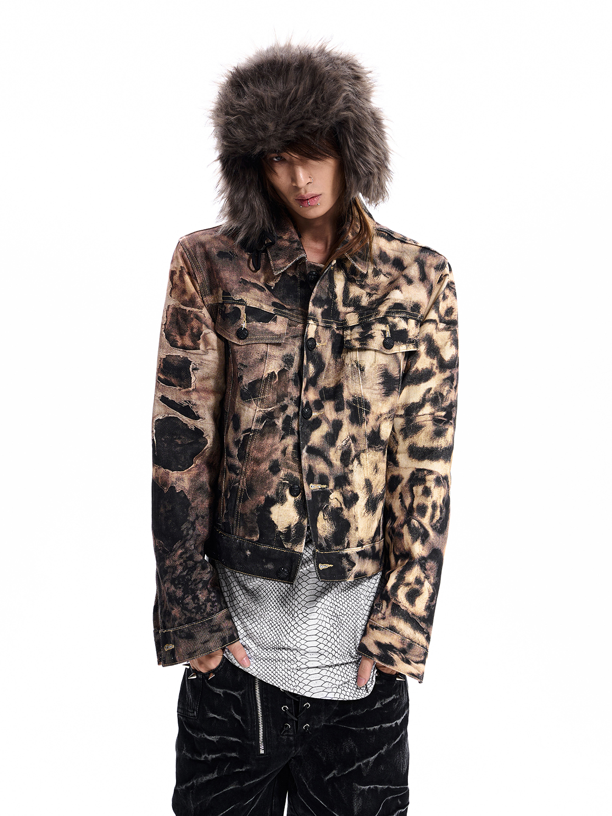 LEOPARD RHINESTONE SKULL DENIM JACKET