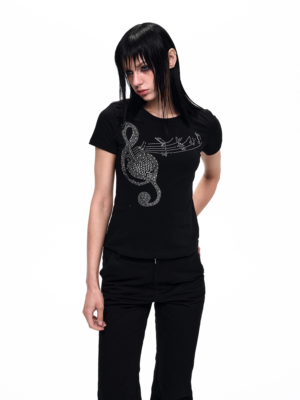 RHINESTONE MUSICAL NOTE FITTED TEE