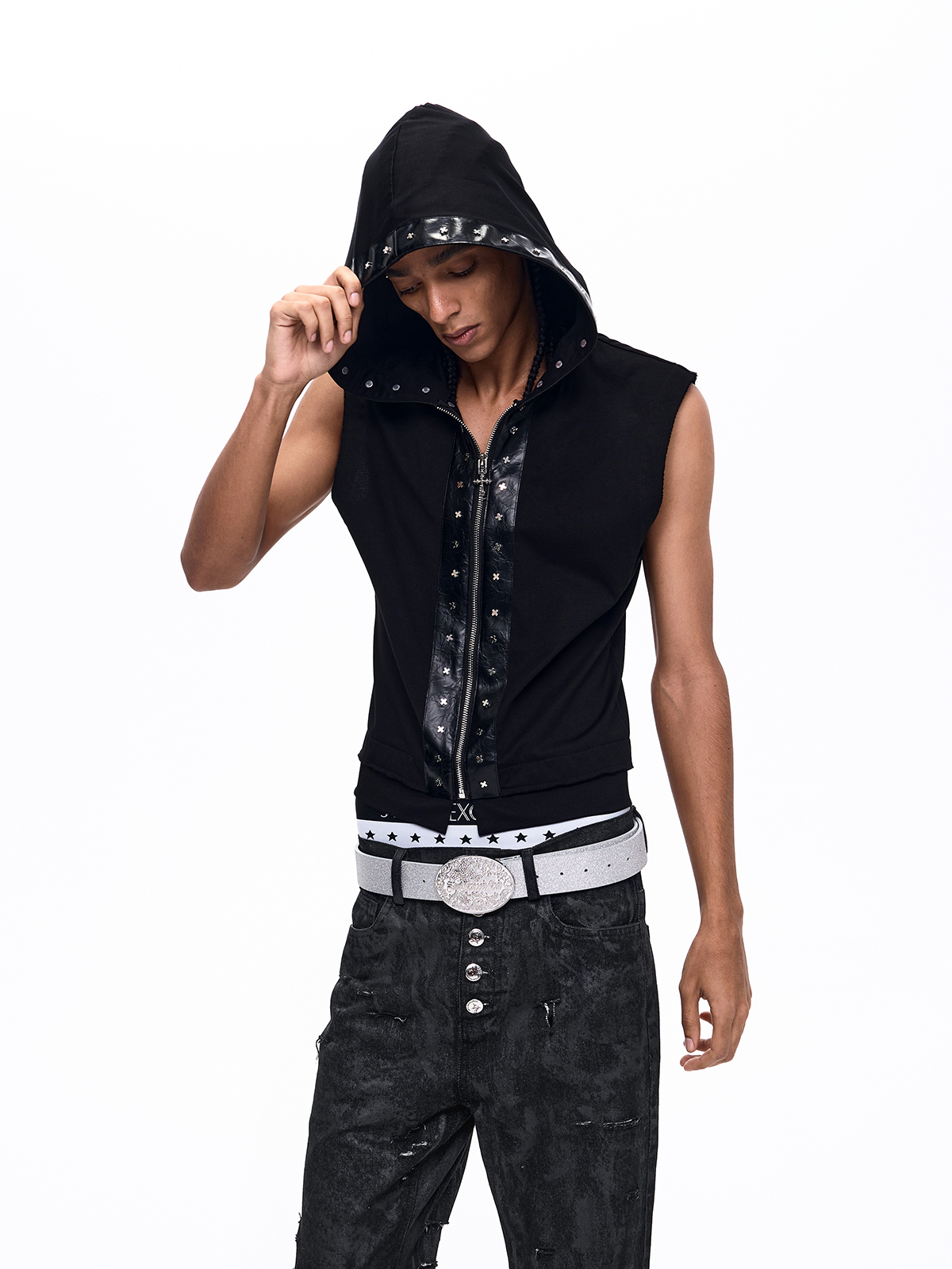 TUDDED CROSS LEATHER-PANEL HOODED VEST