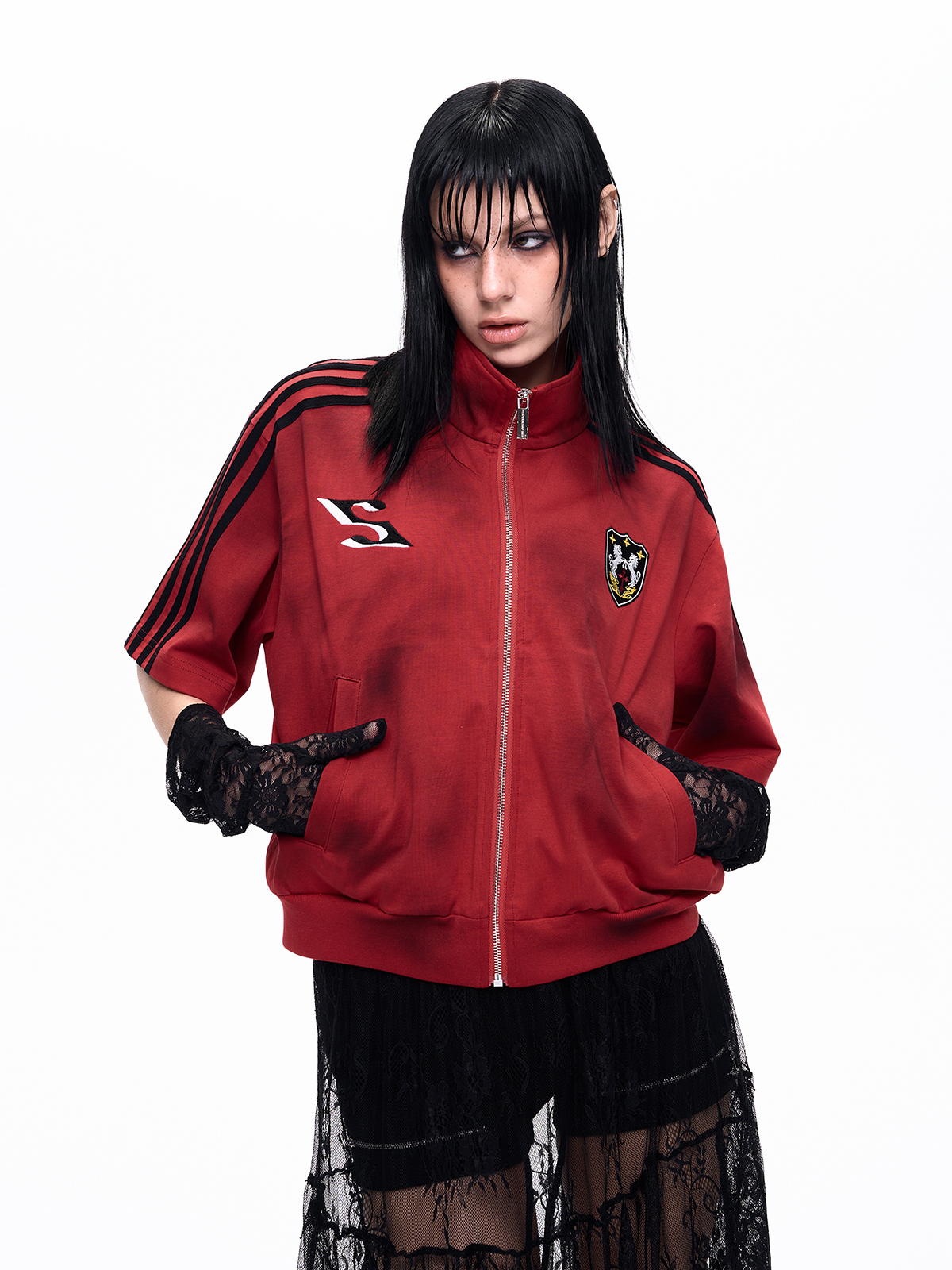 DIRTY WASH EMBROIDERED TRACK SWEATSHIRT-BURGUNDY