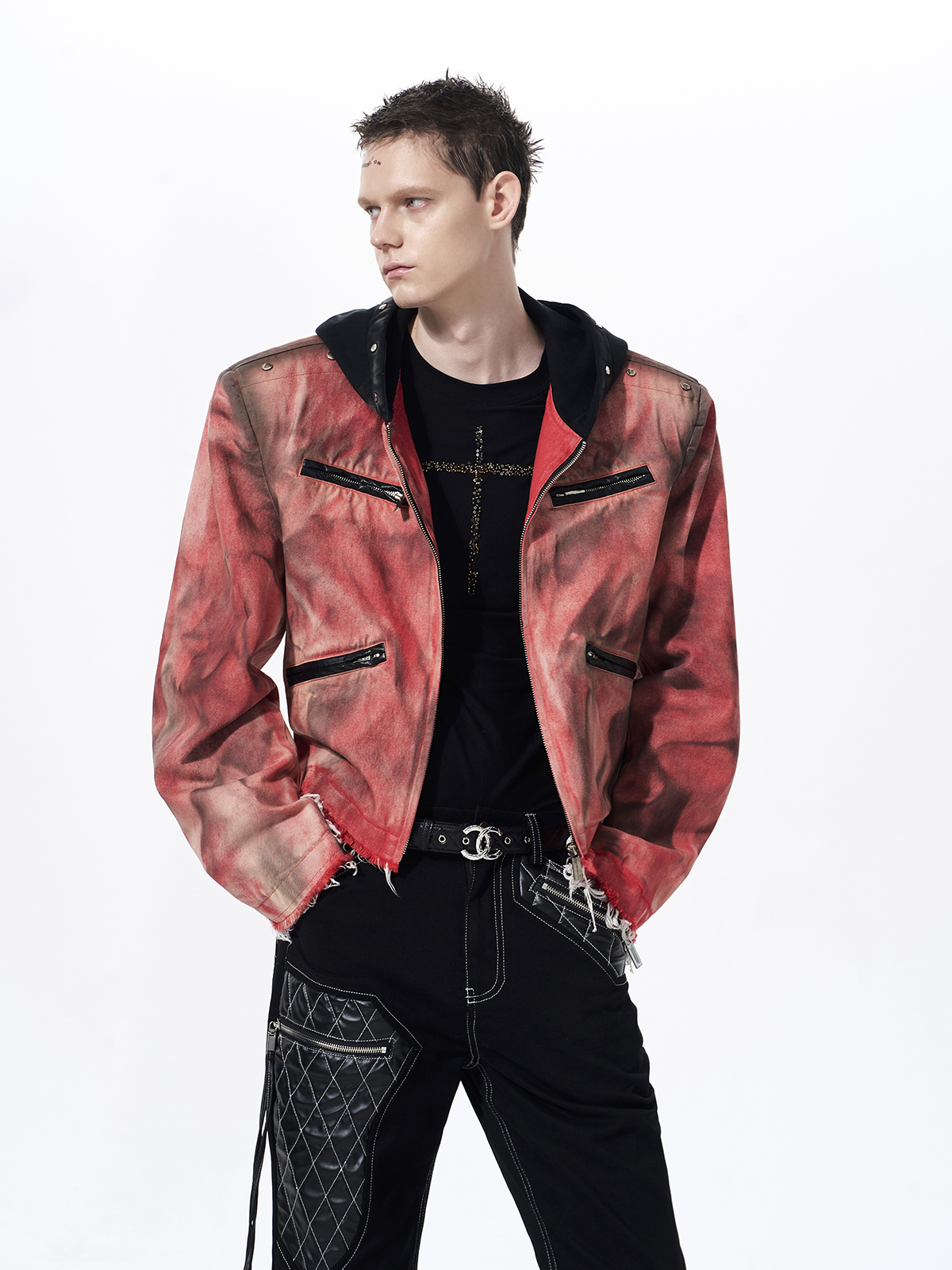 DISTRESSED HOODED CROPPED DENIM JACKET