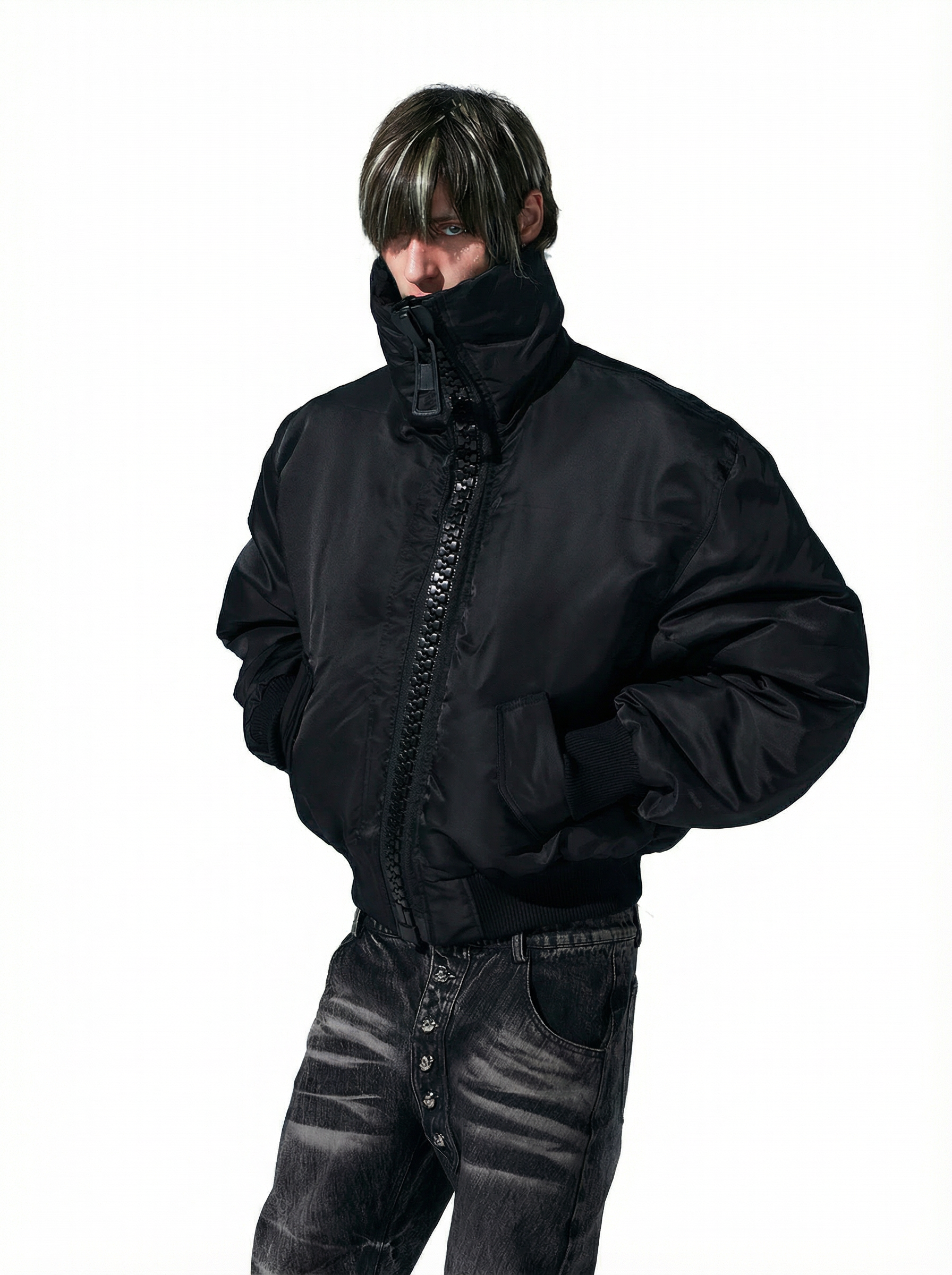 Heavy-Zip High-Collar Down Jacket-Black
