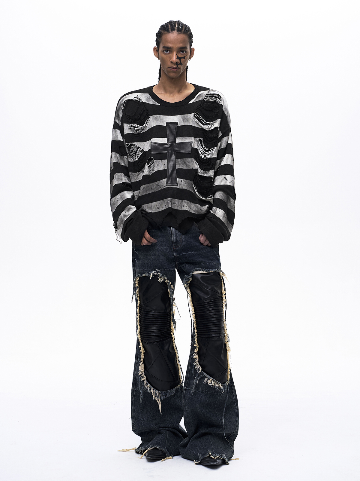 DISTRESSED LEATHER CROSS 2-PIECE KNIT SET