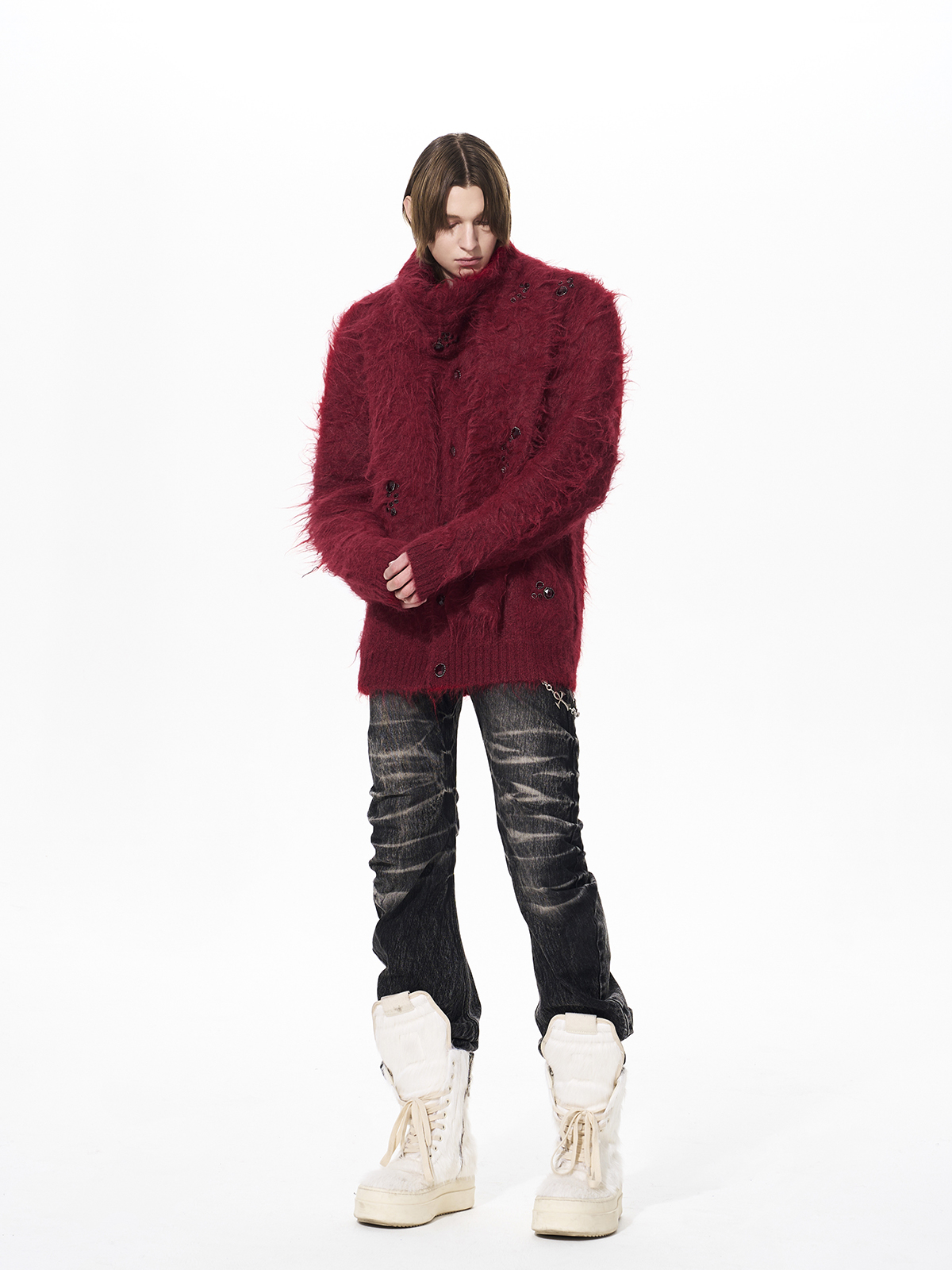 GEMSTONE SCATTERED SHAGGY MOHAIR CARDIGAN-RED