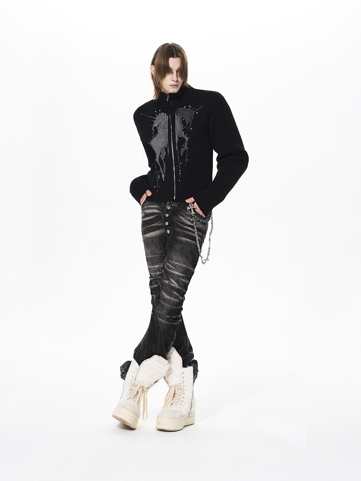 UNICORN GRAPHIC RIBBED ZIP-UP KNIT-BLACK