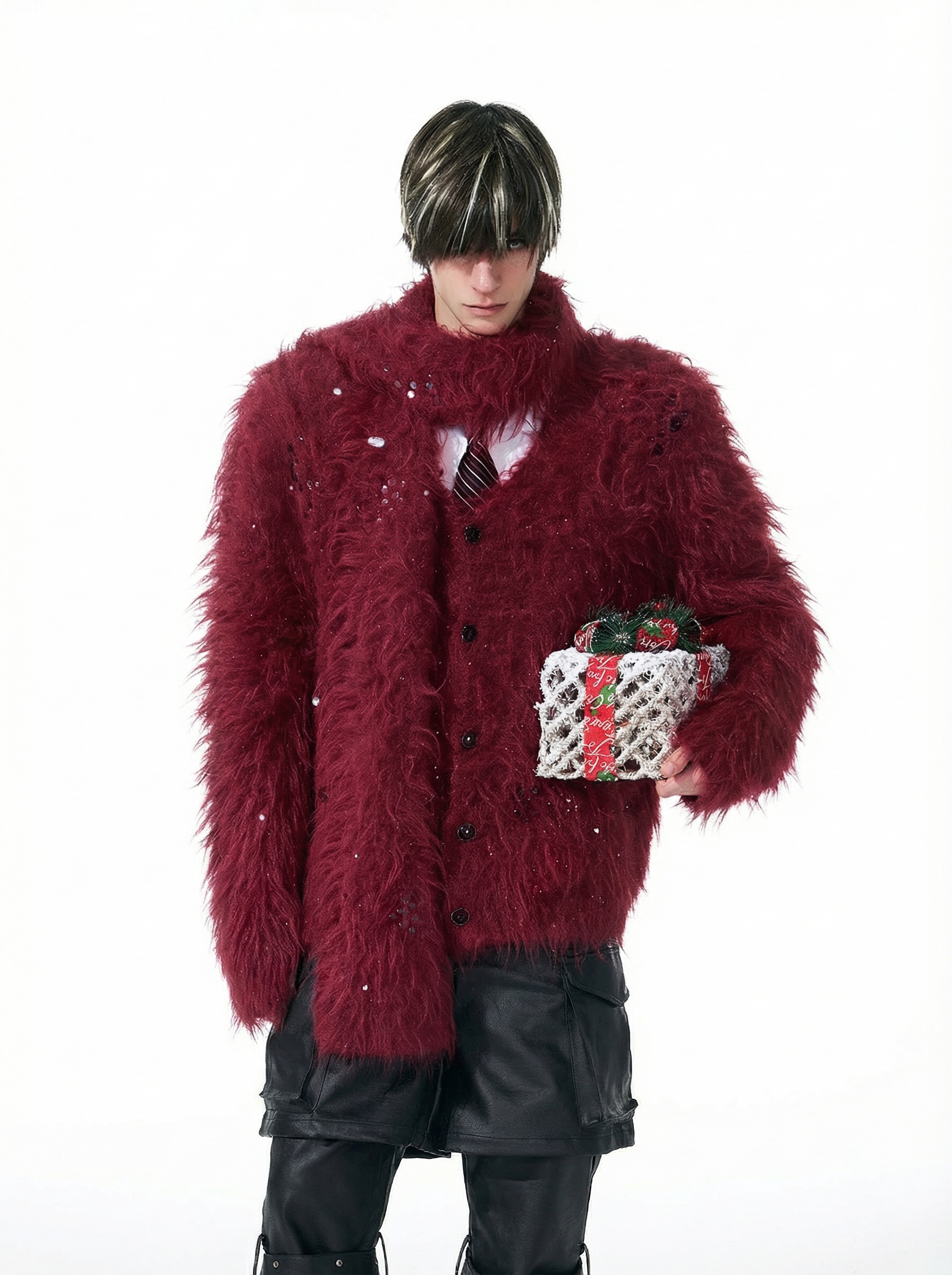 BURGUNDY RED FUZZY MOHAIR CARDIGAN & SCARF SET