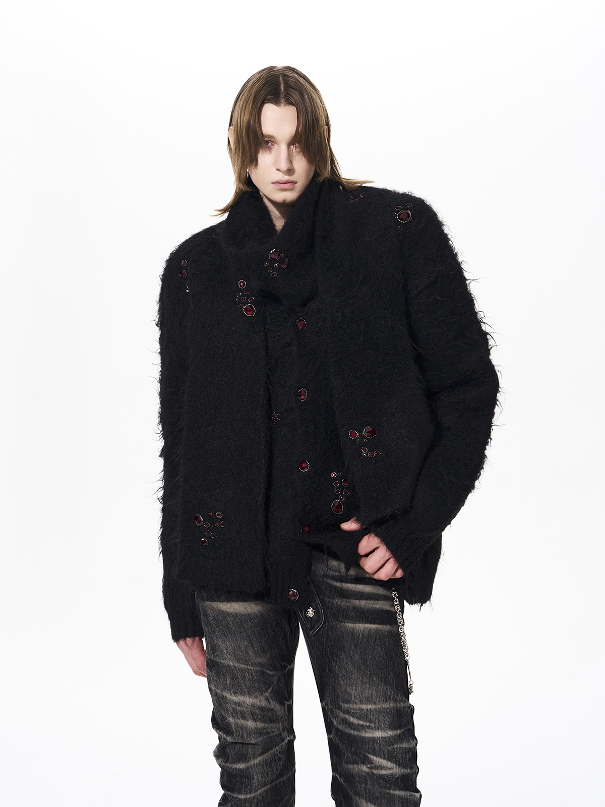 GEMSTONE SCATTERED SHAGGY MOHAIR CARDIGAN-BLACK