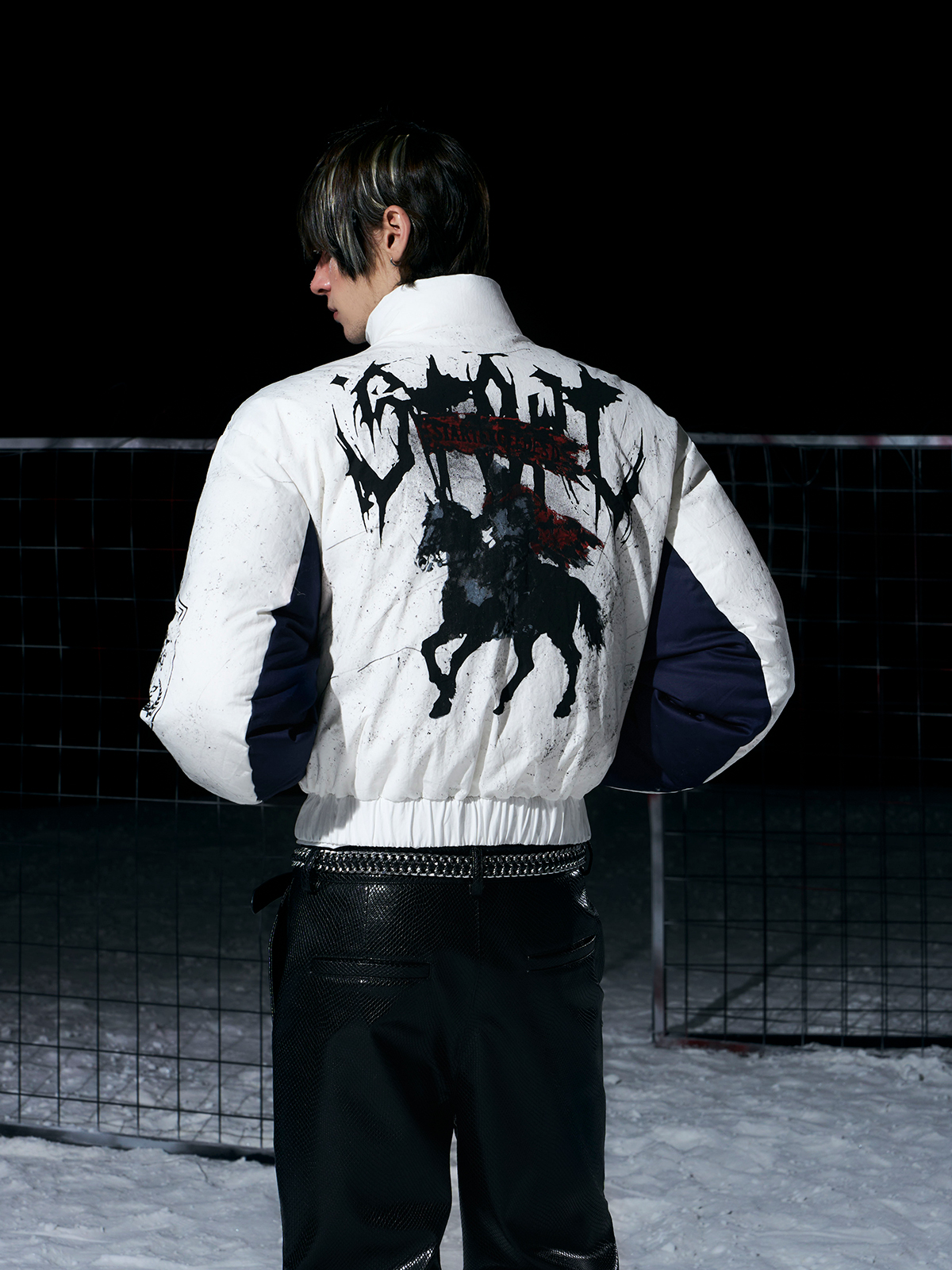 WHITE & NAVY GRAFFITI SPLATTER BOMBER WITH KNIGHT PRINT