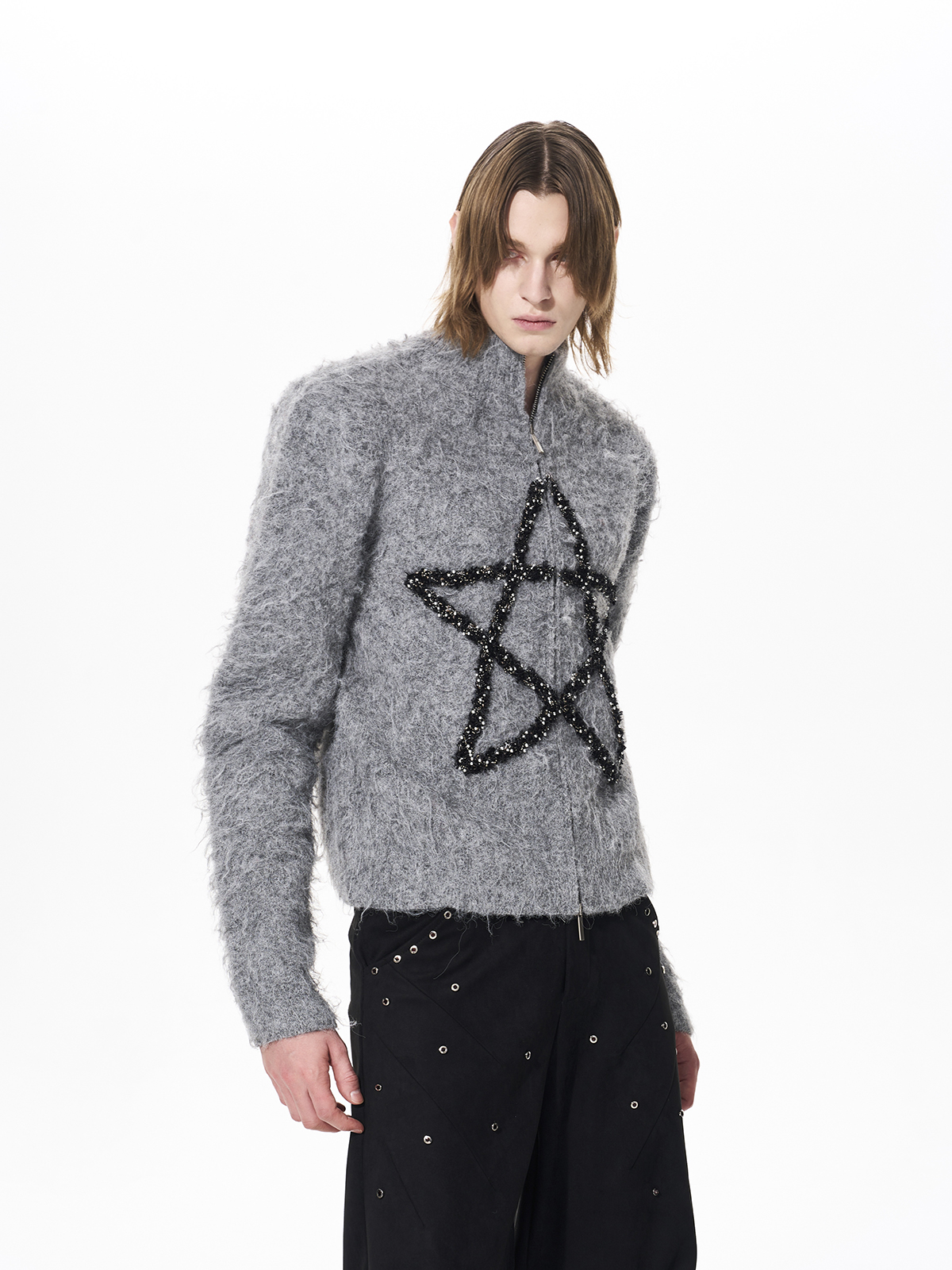 MOHAIR STAR ZIP-UP STAND COLLAR KNIT-GREY