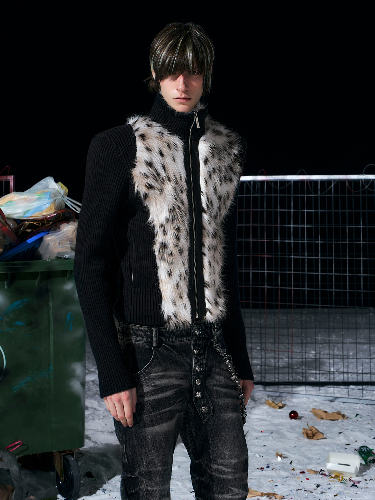 BLACK LEOPARD FUR KNIT ZIP-UP