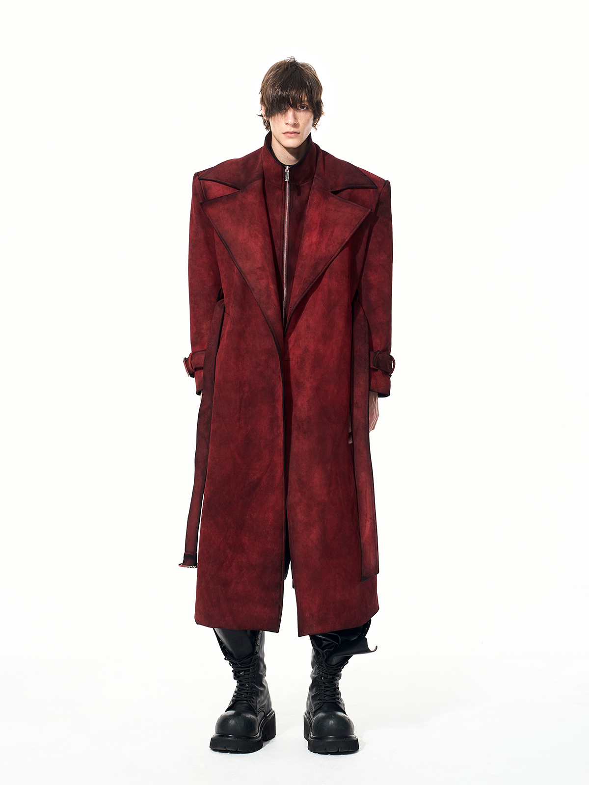 BLOOD RED DISTRESSED SUEDE BELTED TRENCH COAT-START EXCEED END