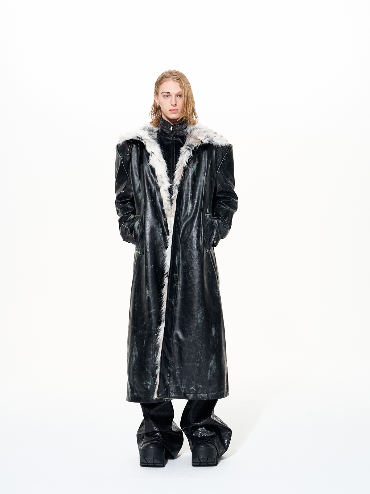 DISTRESSED BLACK FUR LINED BUCKLE TRENCH-START EXCEED END