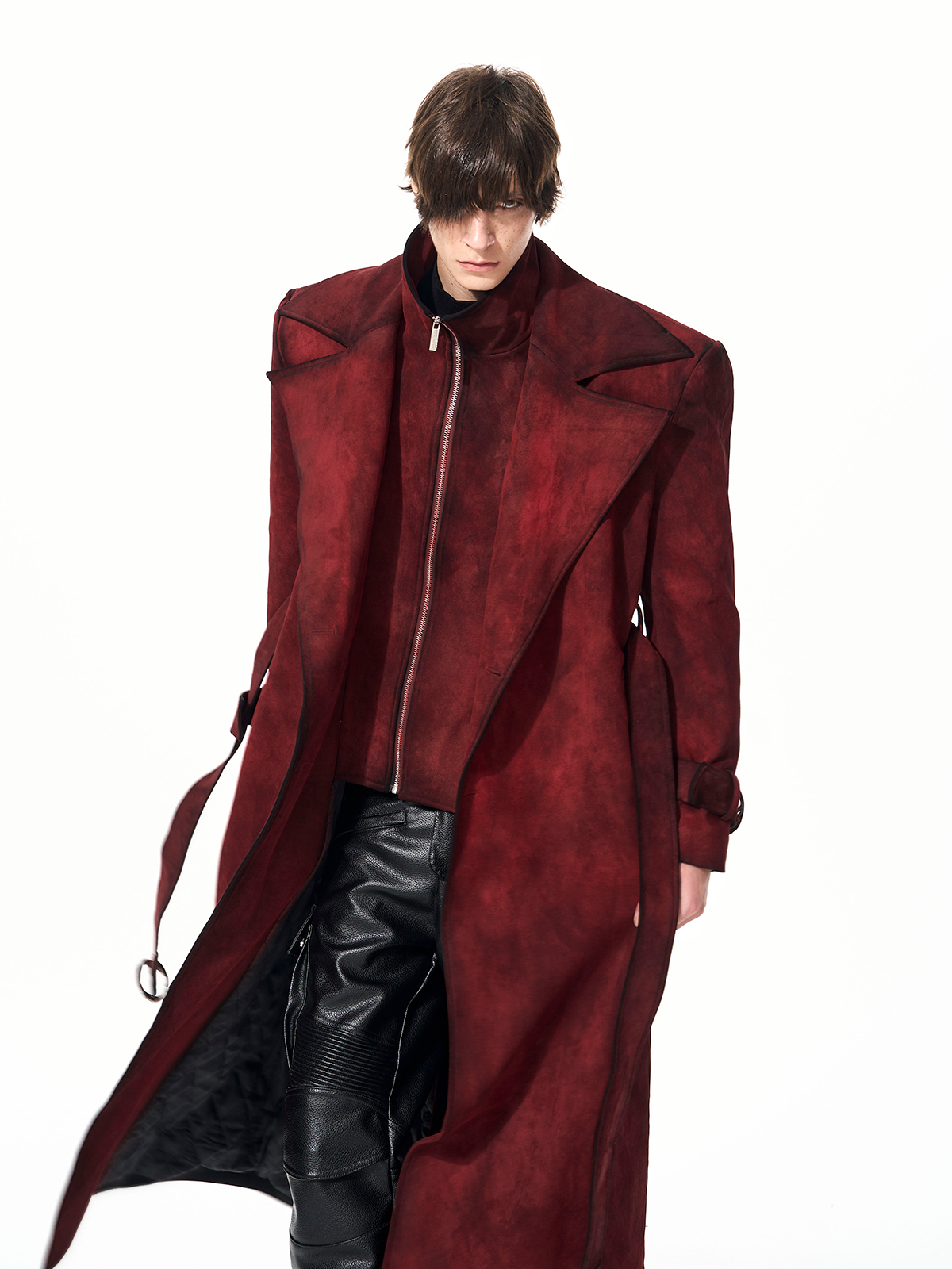 BLOOD RED DISTRESSED SUEDE BELTED TRENCH COAT-START EXCEED END