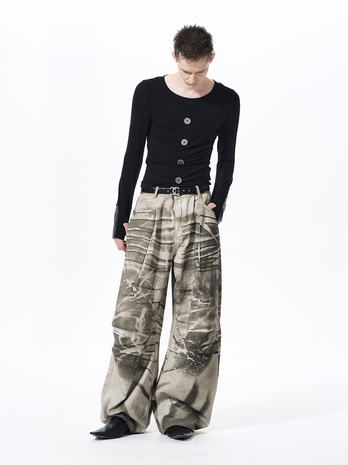 FAUX LAYERED TENCEL BUTTON LONGSLEEVE-BLACK