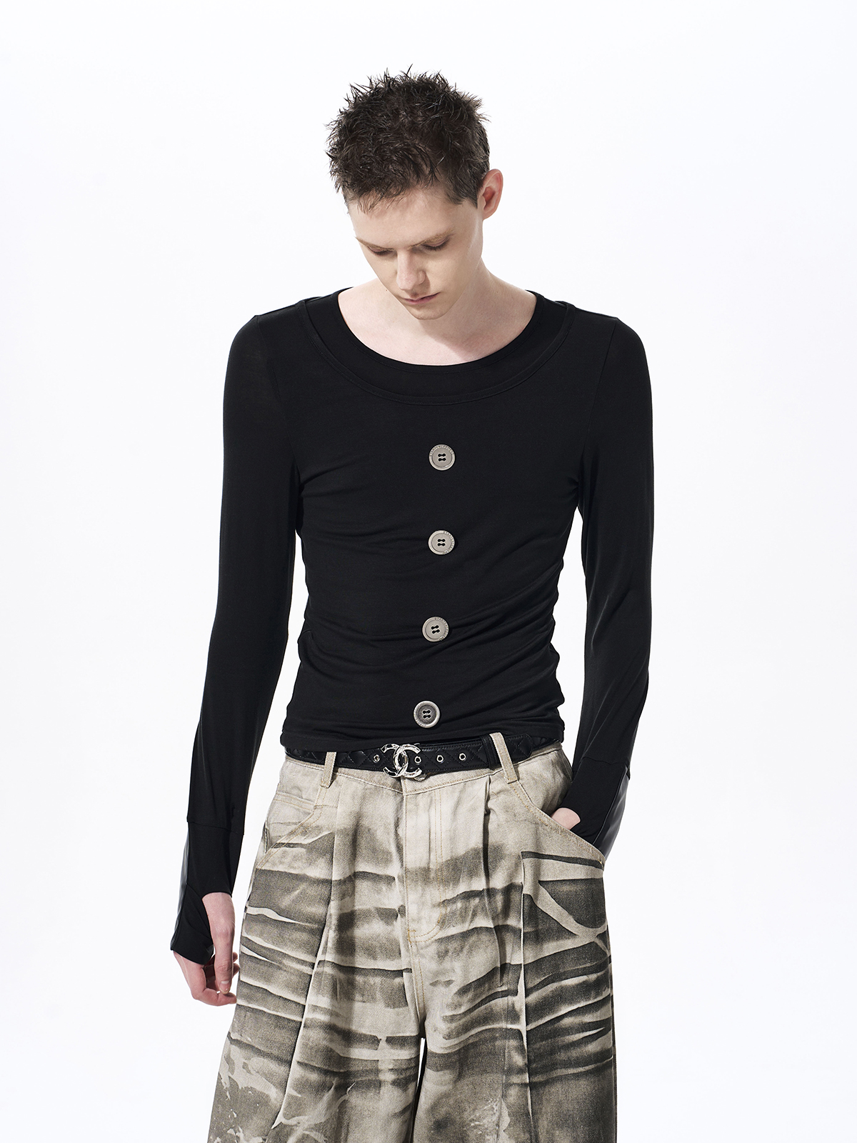 FAUX LAYERED TENCEL BUTTON LONGSLEEVE-BLACK