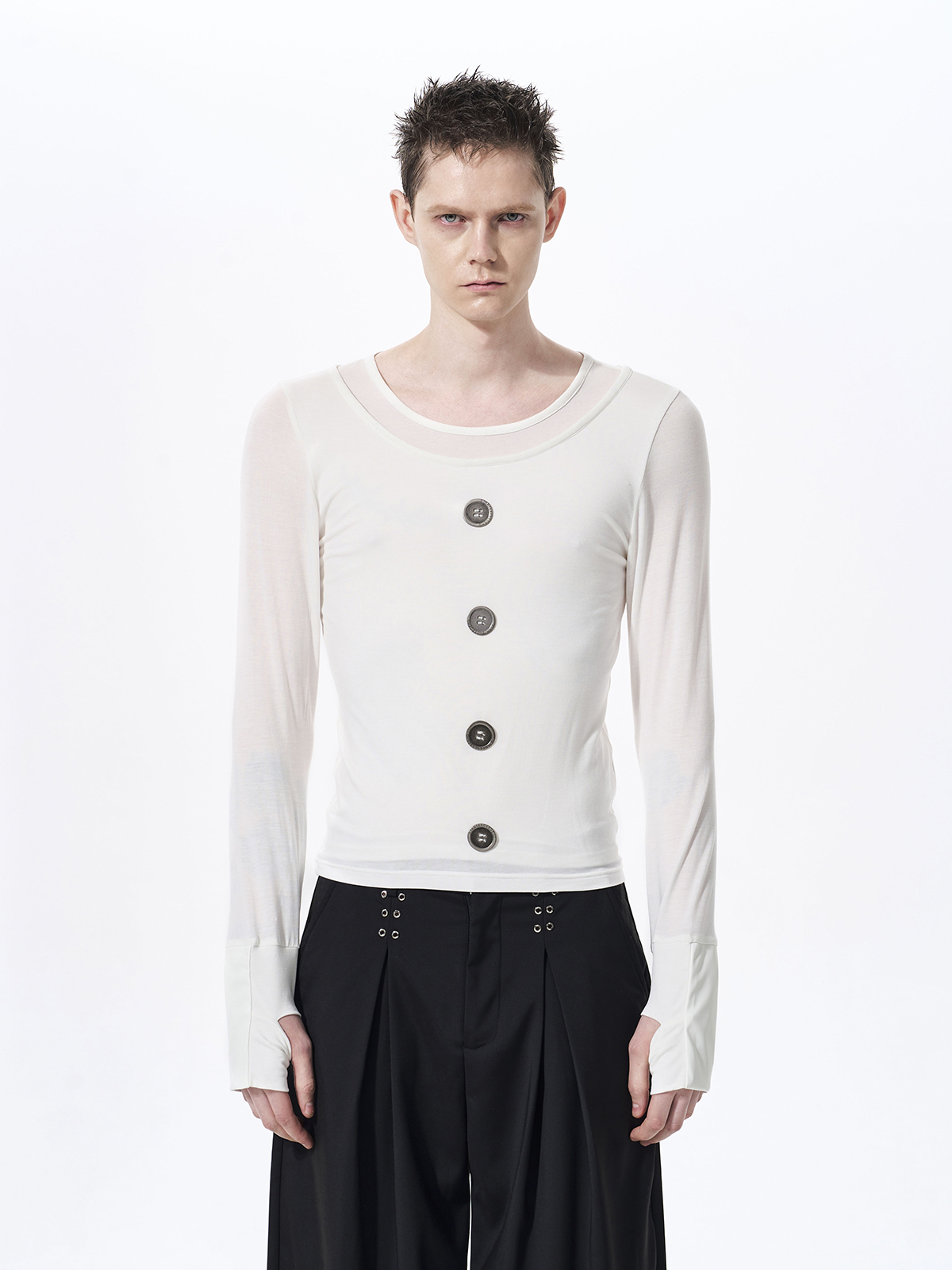FAUX LAYERED TENCEL BUTTON LONGSLEEVE-WHITE