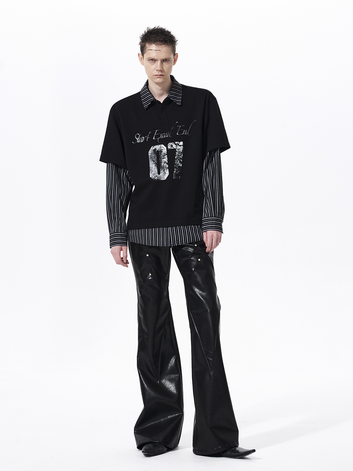 DISTRESSED GRAPHIC LAYERED POLO SHIRT-BLACK