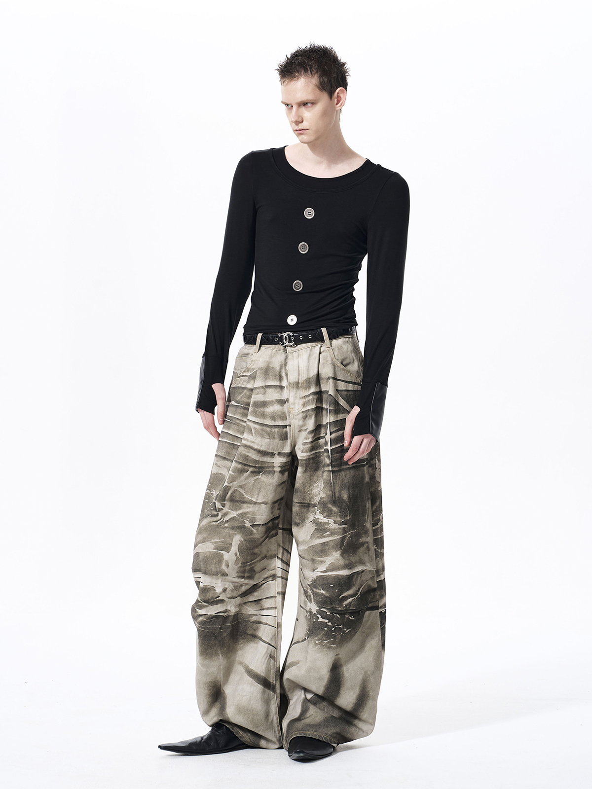 FAUX LAYERED TENCEL BUTTON LONGSLEEVE-BLACK