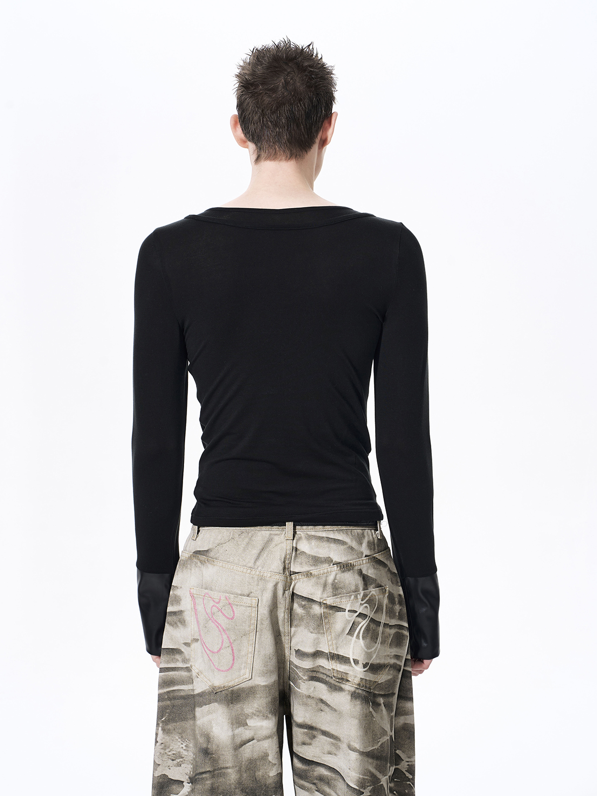 FAUX LAYERED TENCEL BUTTON LONGSLEEVE-BLACK