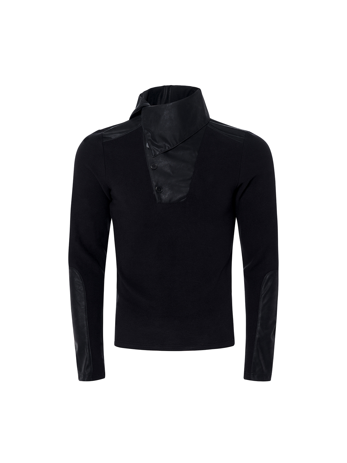 LEATHER PANEL BUTTON NECK FLEECE TOP