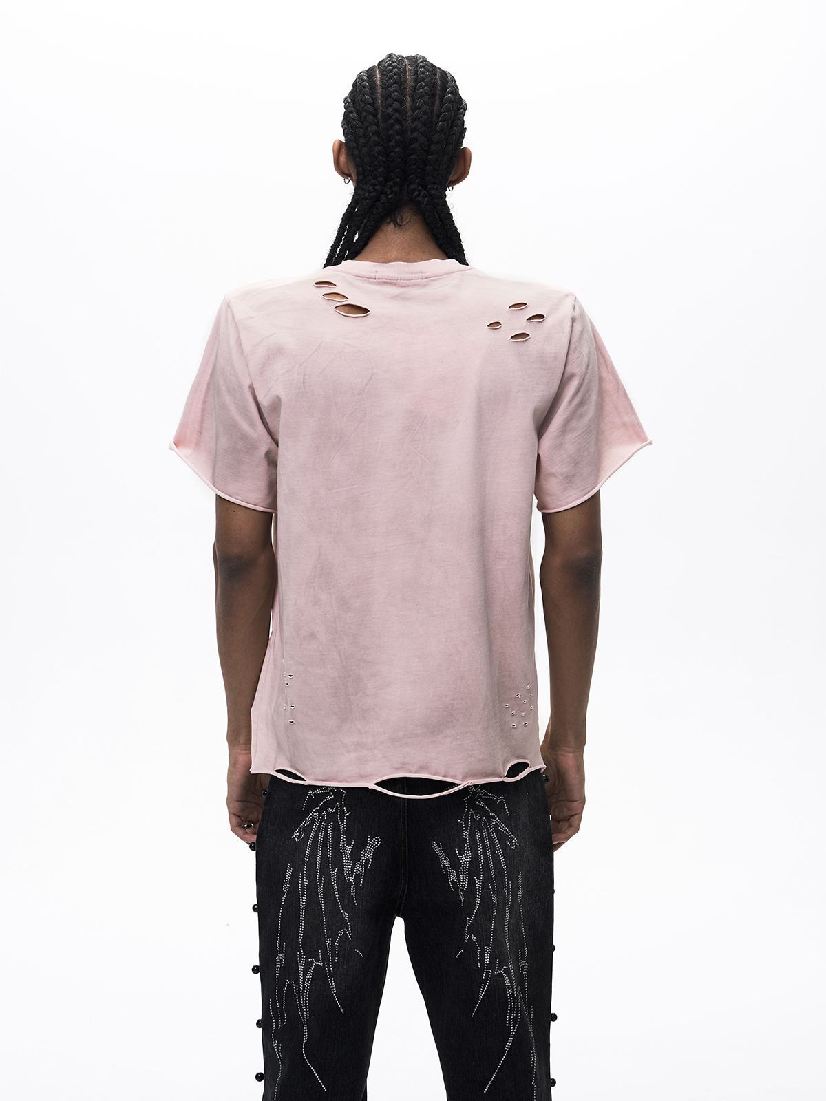 DECONSTRUCTED RHINESTONE CROSS MUD WASH TEE-PINK