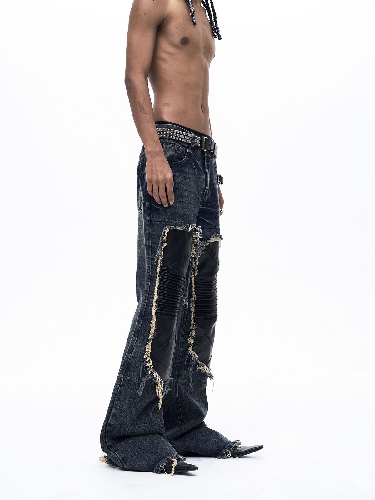 LEATHER PATCHWORK FLARED DENIM