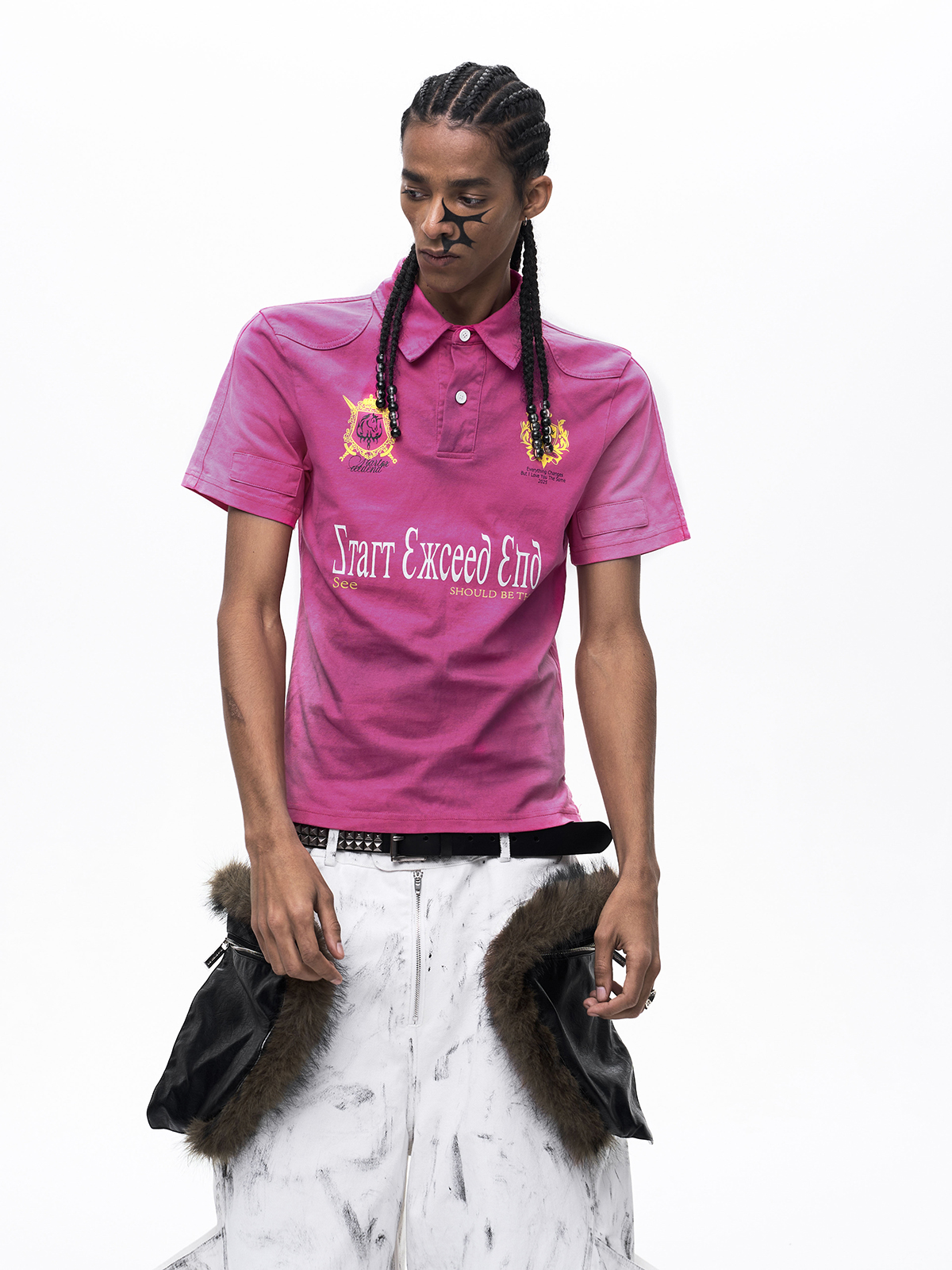 MUD WASH DISTRESSED FUR COLLAR T-SHIRT-ROSE RED