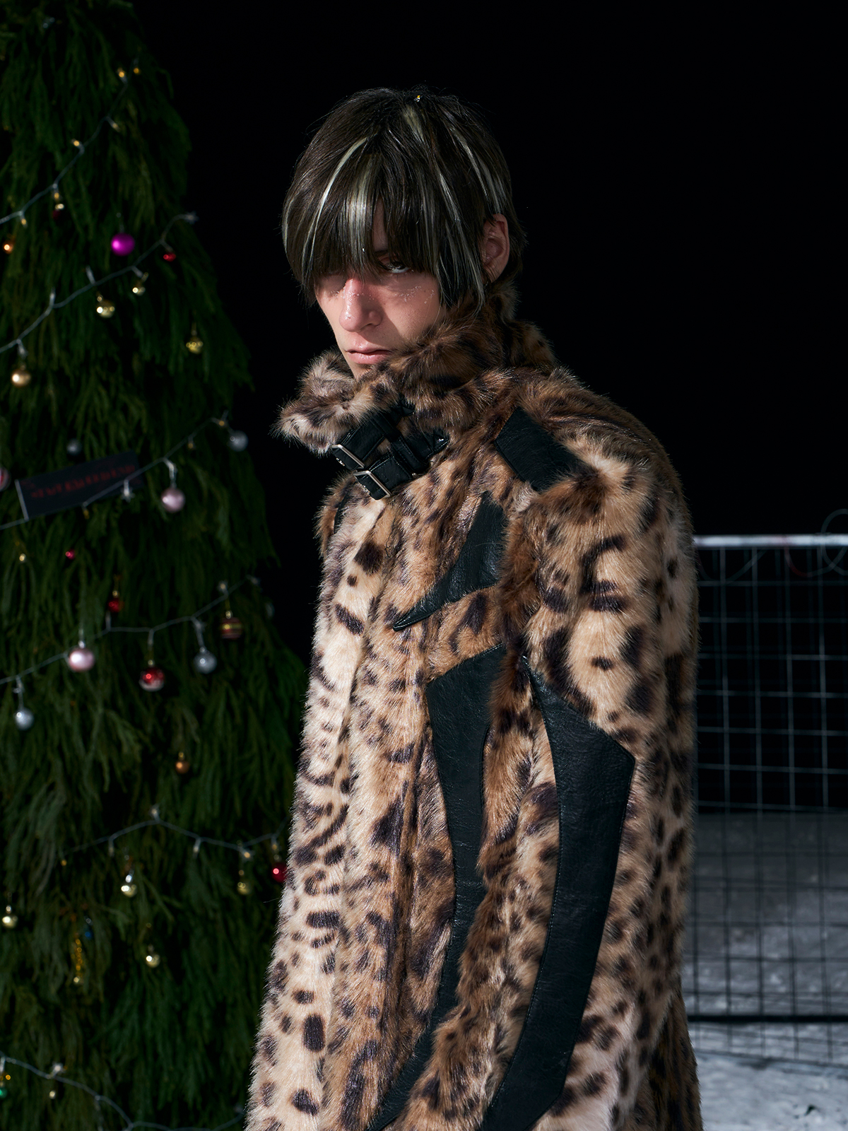 LEOPARD FAUX FUR LEATHER-PANEL MAXI COAT