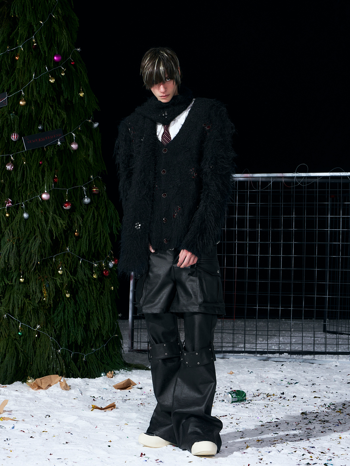 BLACK FUZZY MOHAIR CARDIGAN & SCARF SET