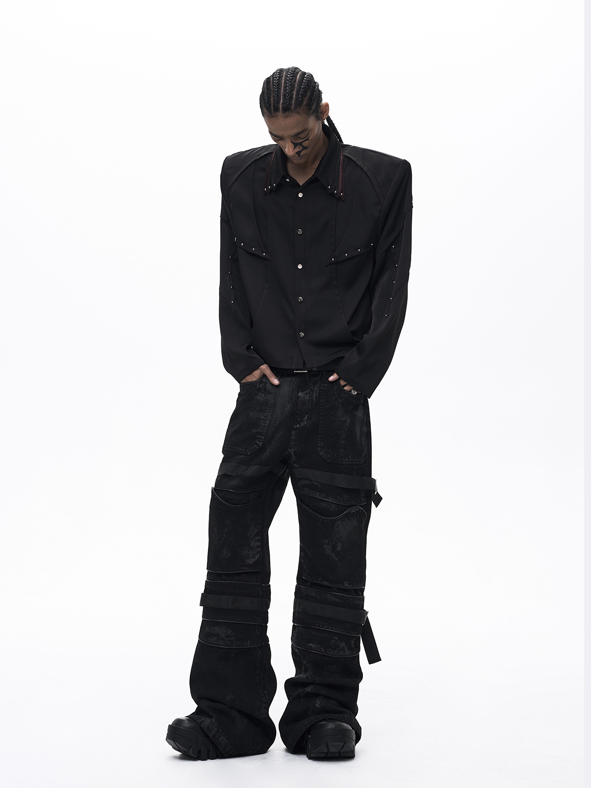 TRIPLE COLLAR DECONSTRUCTED LONG SLEEVE SHIRT-BLACK