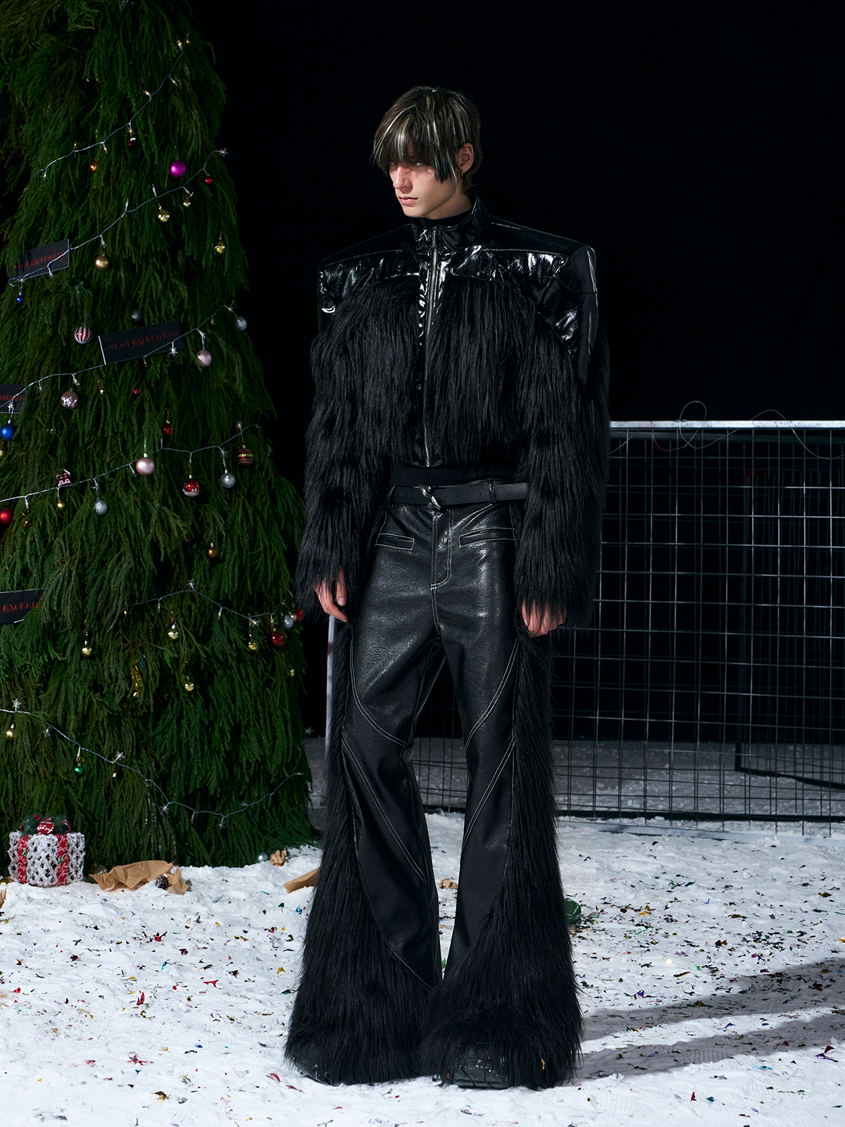 FAUX FUR SIDE-PANEL MICRO-FLARE LEATHER PANTS