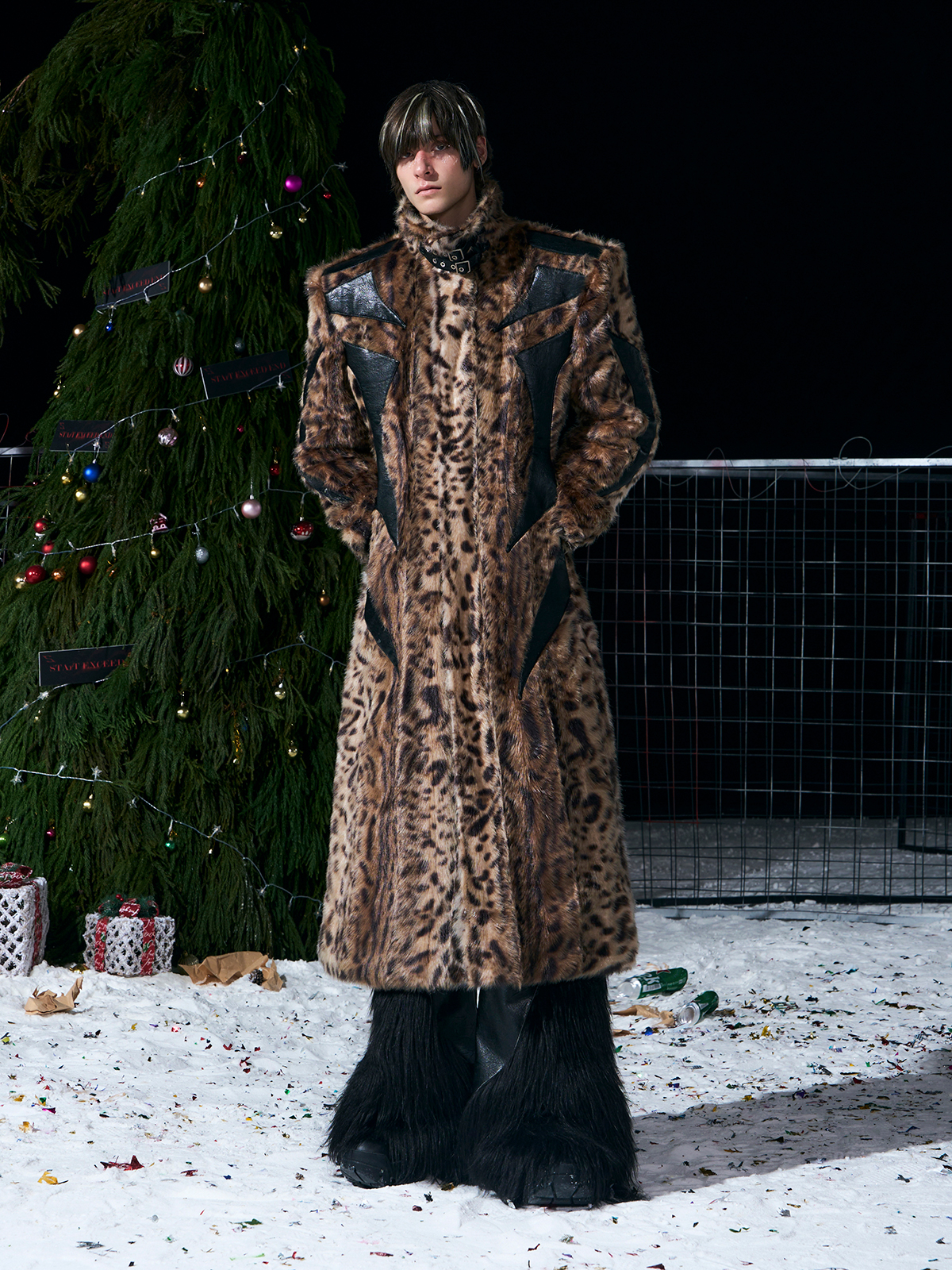 LEOPARD FAUX FUR LEATHER-PANEL MAXI COAT