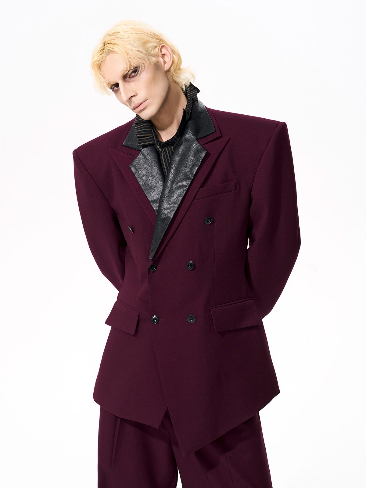 DETACHABLE LEATHER COLLAR SCULPTED SUIT SET-BURGUNDY