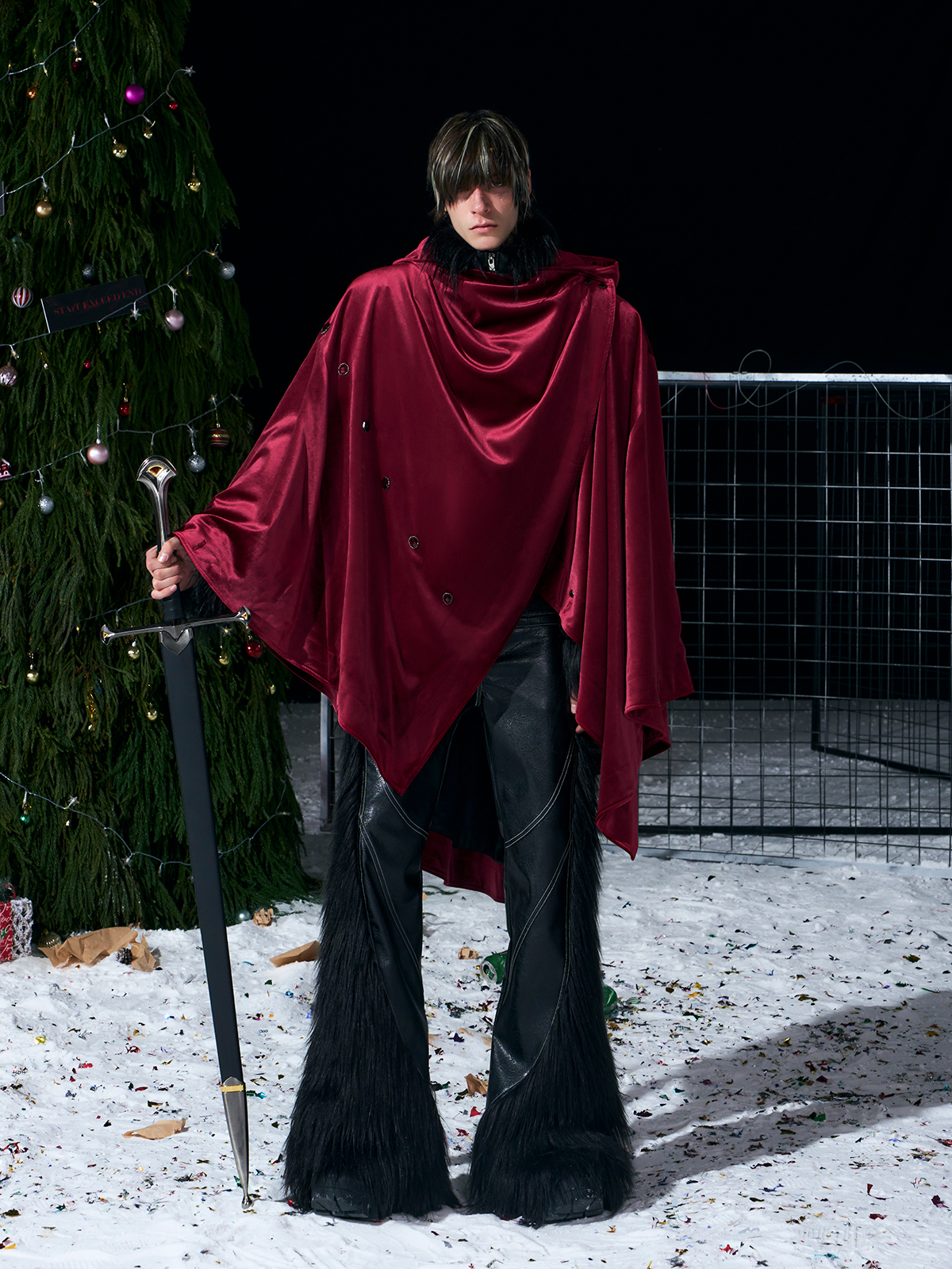 WARHORSE EMBROIDERED VELVET HOODED CLOAK-BURGUNDY