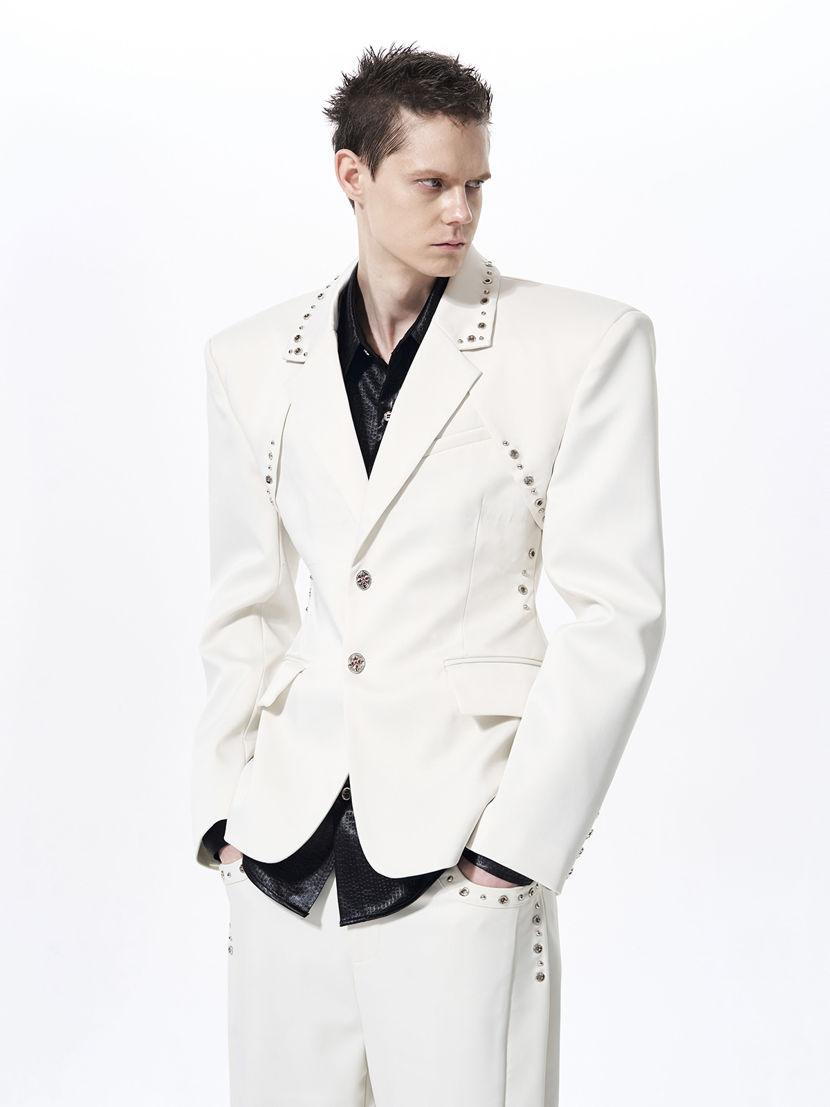 DECONSTRUCTED CINCHED WAIST SUIT SET-WHITE