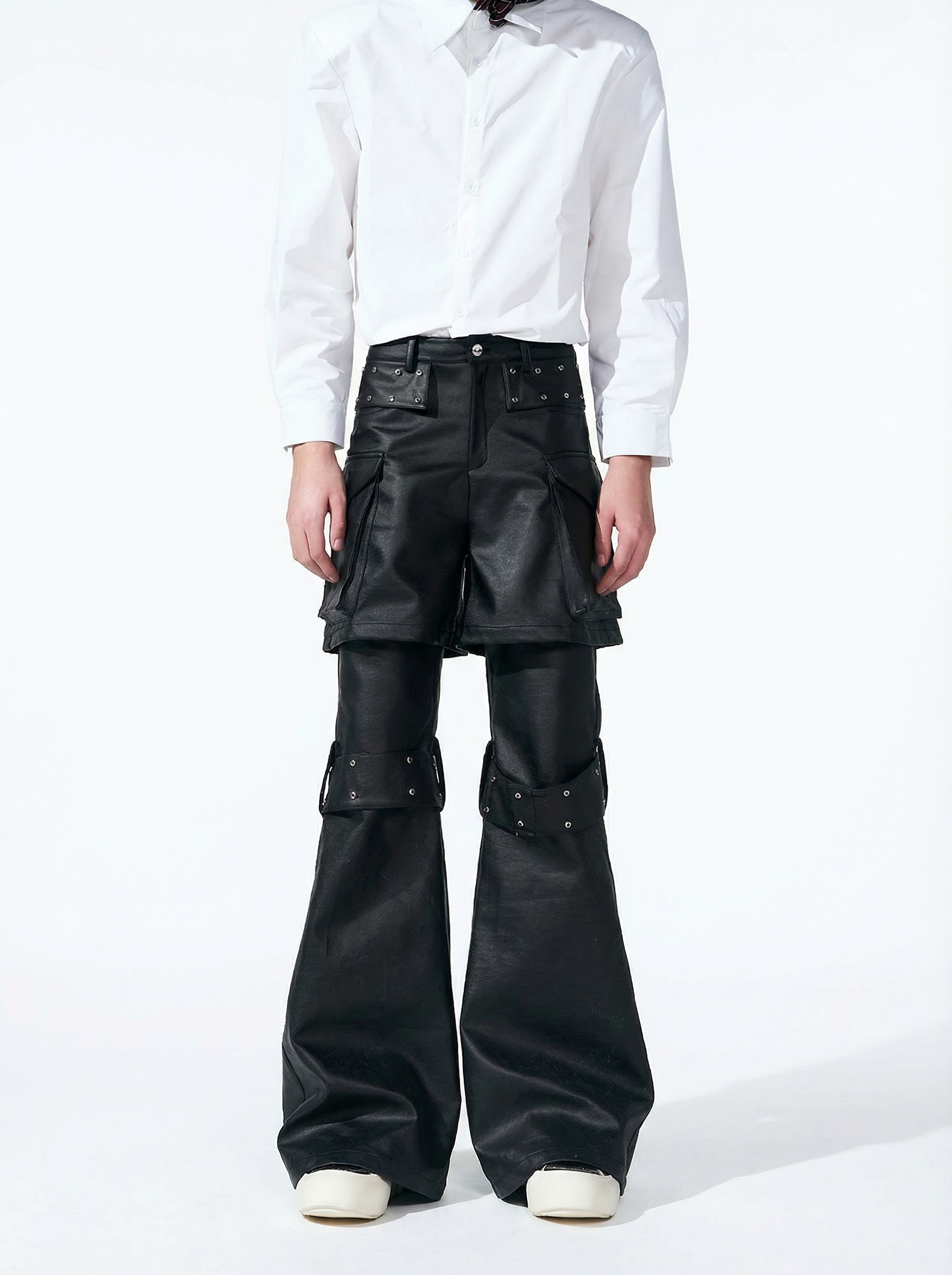 DECONSTRUCTED 2-IN-1 RIVET CARGO LEATHER PANTS-BLACK
