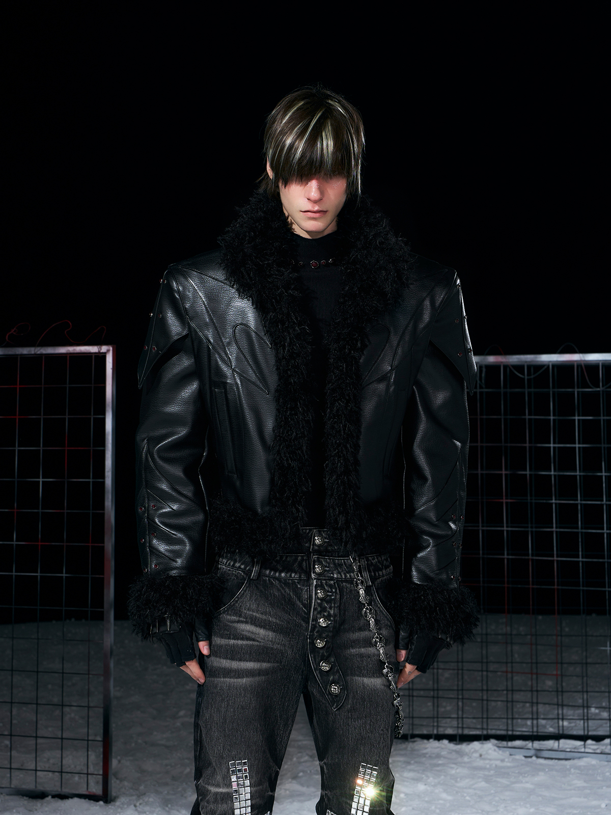 DECONSTRUCTED FUR-TRIM PADDED LEATHER JACKET