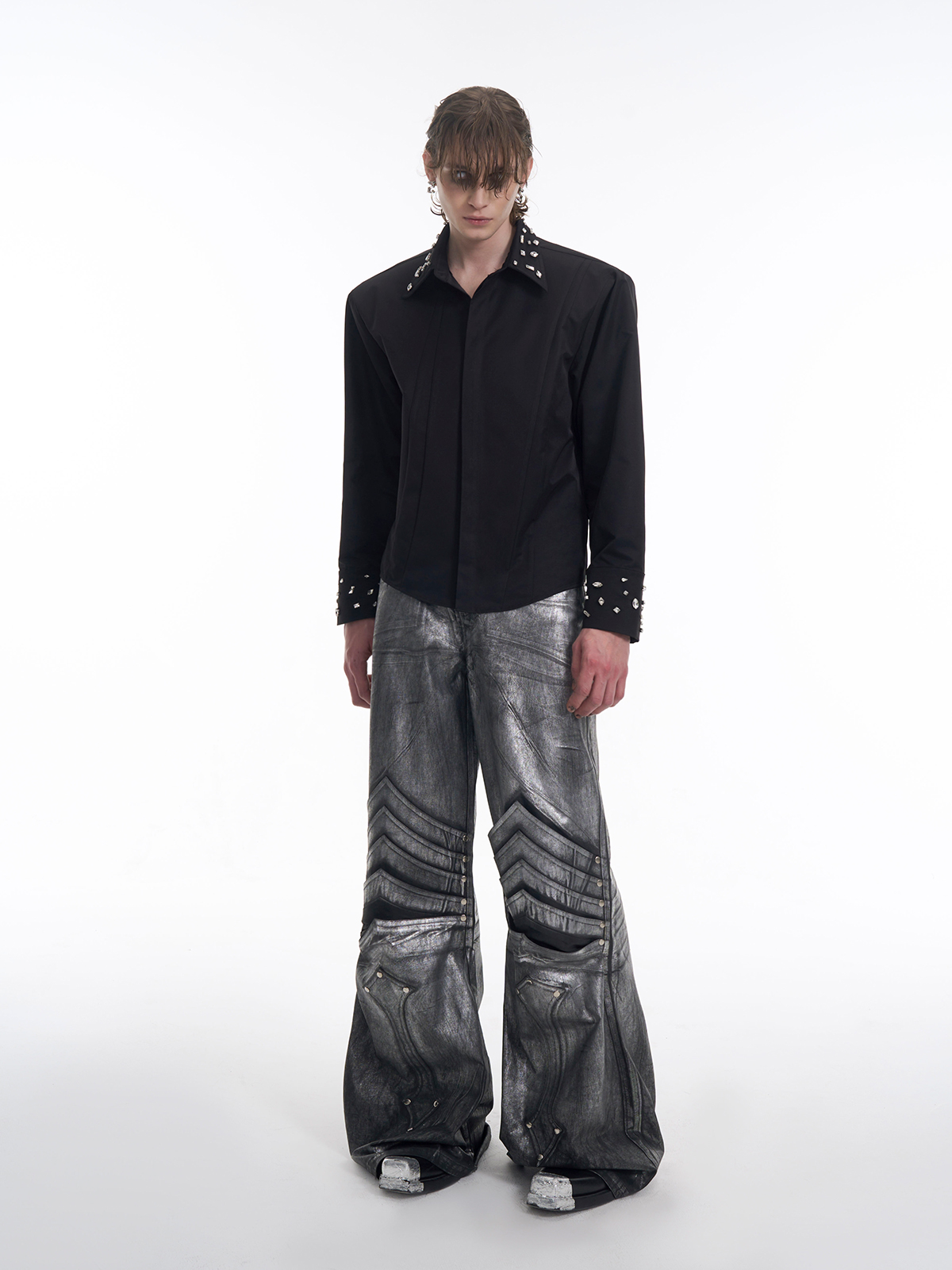 CRYSTAL COLLAR & CUFF CONCEALED PLACKET SHIRT - BLACK-START EXCEED END