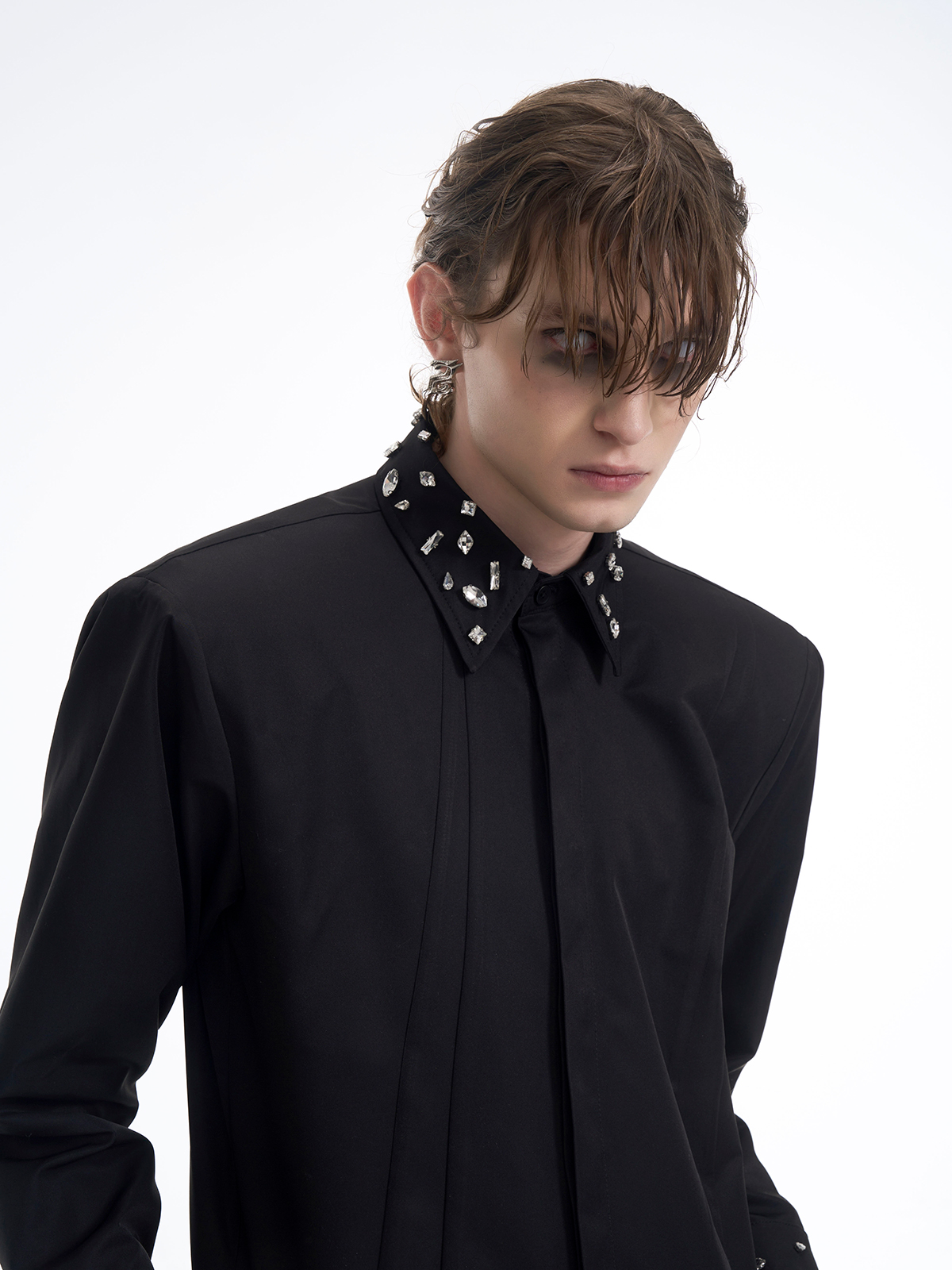 CRYSTAL COLLAR & CUFF CONCEALED PLACKET SHIRT - BLACK-START EXCEED END