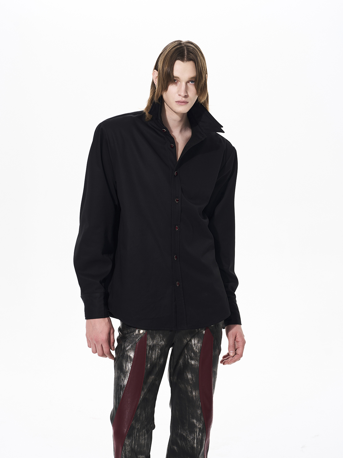 DOUBLE-COLLAR GEM-BUTTON STRUCTURED SHIRT-BLACK