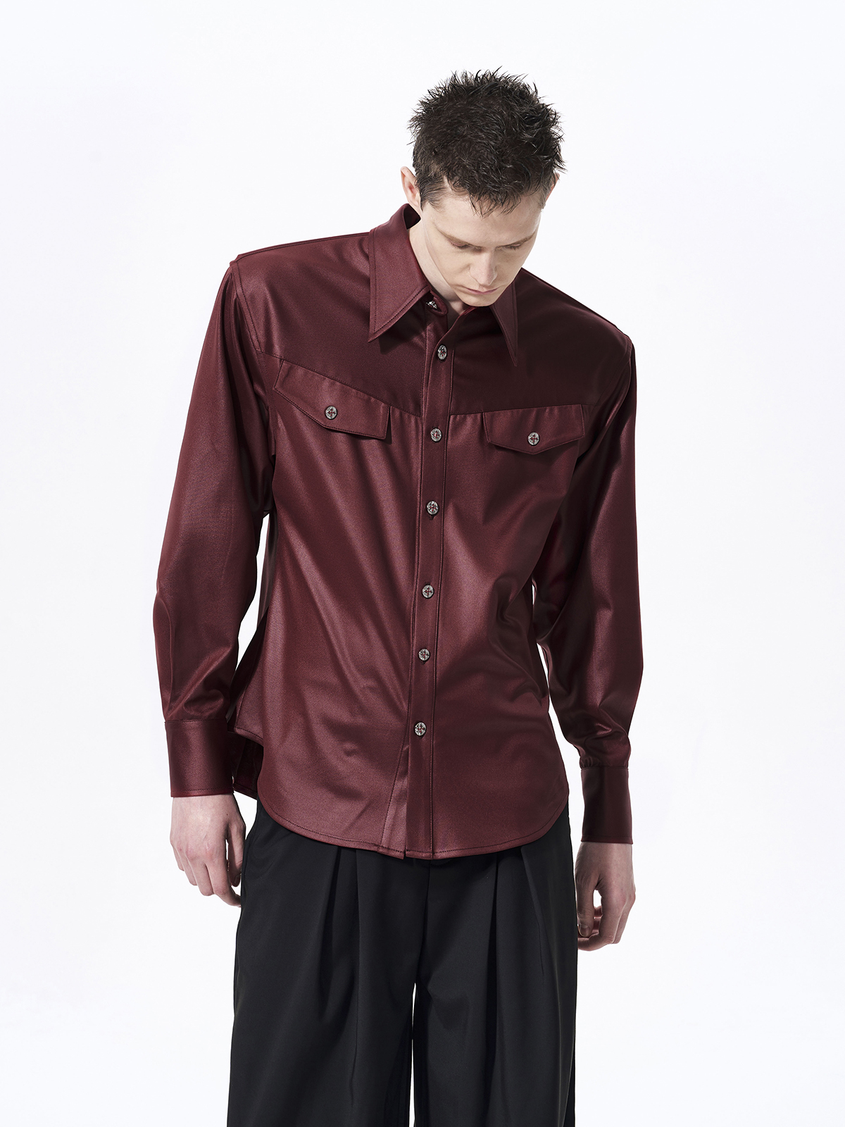 FAUX ACETATE STRUCTURED SHOULDER SHIRT-BURGUNDY
