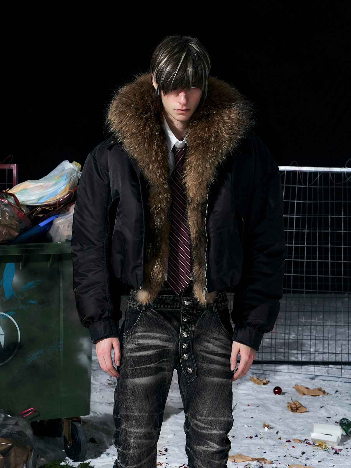 Luxe Detachable Fur Collar Down Bomber-Black