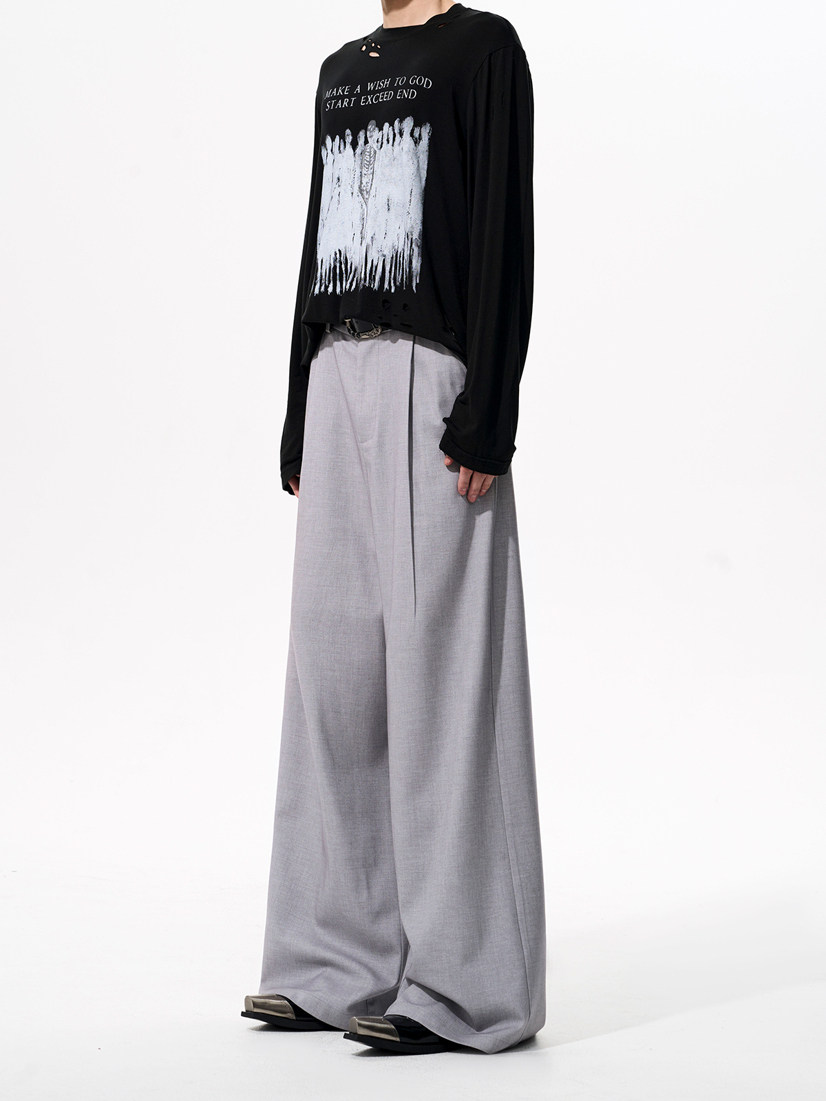 DETACHABLE LEATHER COLLAR SCULPTED SUIT SET-GREY