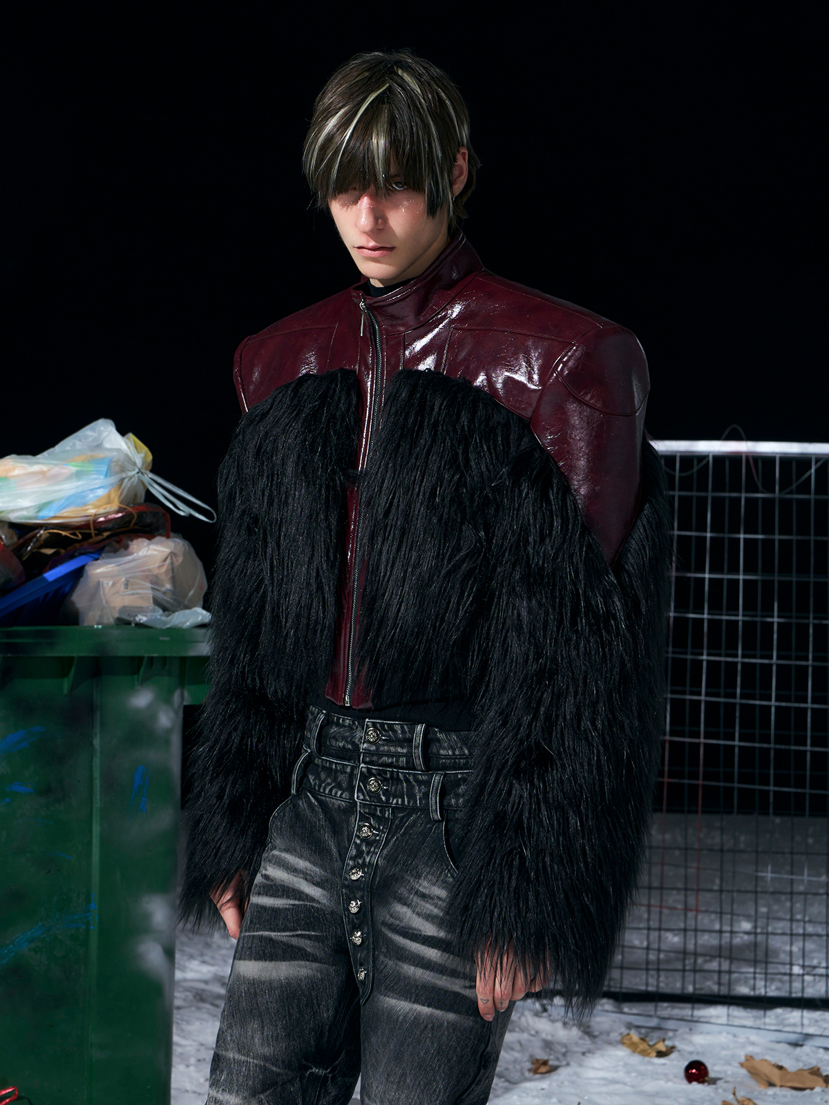 SHAGGY FAUX FUR PANEL CROPPED LEATHER JACKET-BURGUNDY