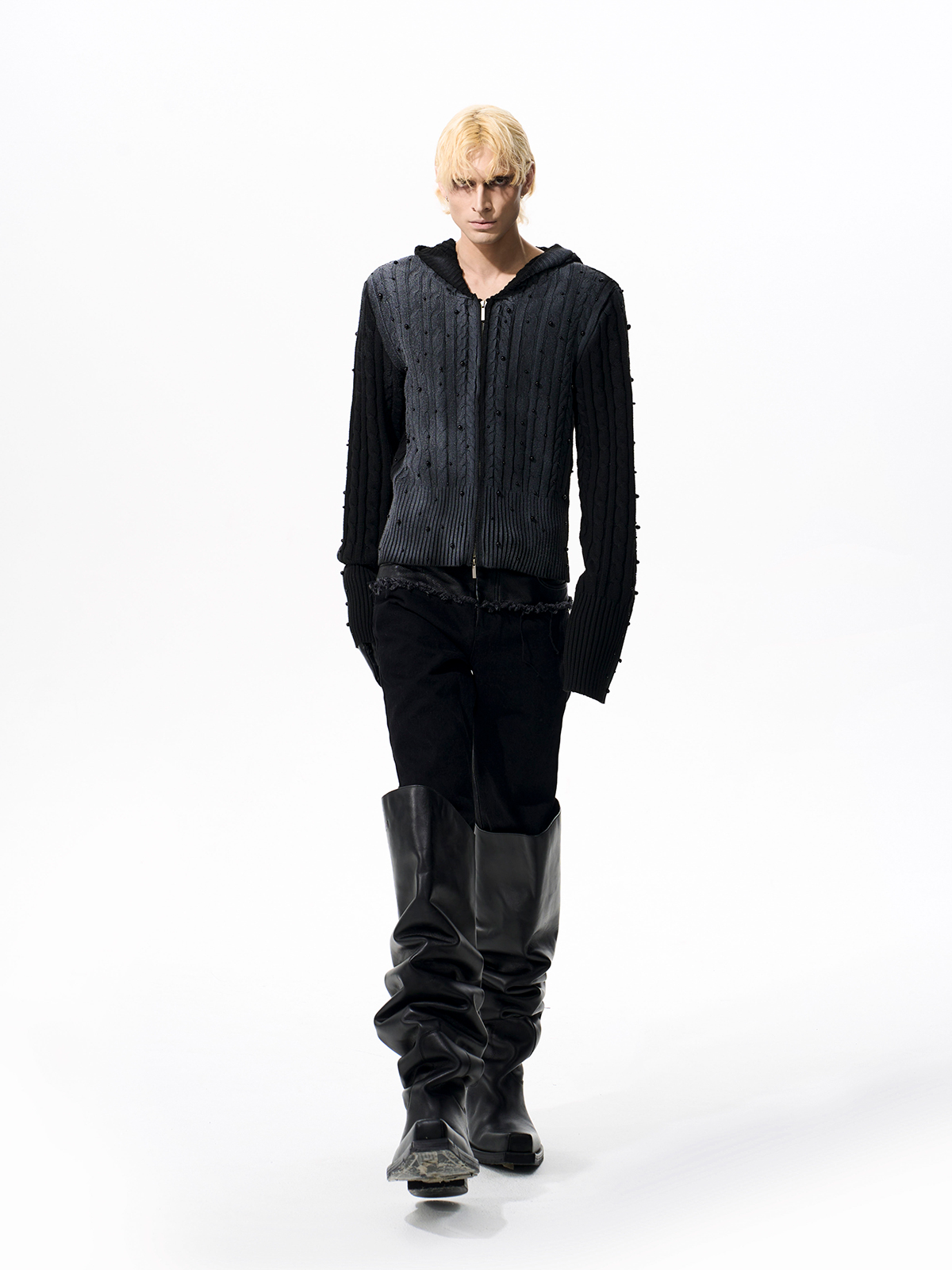 WASHED BEADED CABLE KNIT HOODIE-START EXCEED END