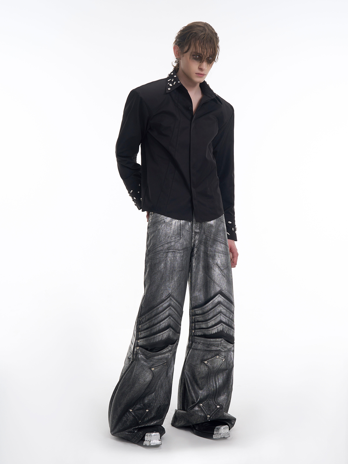 CRYSTAL COLLAR & CUFF CONCEALED PLACKET SHIRT - BLACK-START EXCEED END