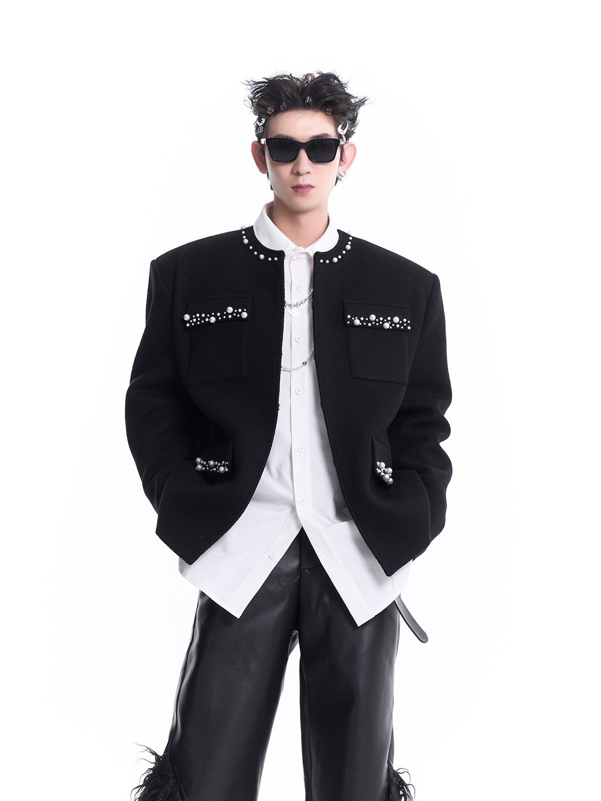 PEARL-TRIMMED COLLARLESS WOOL JACKET-START EXCEED END