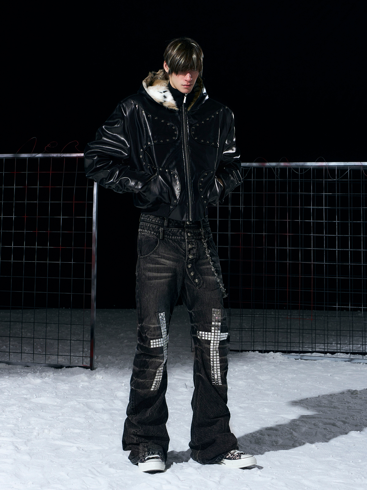 STUDDED FAUX LEATHER BOMBER WITH FUR-LINED HOOD