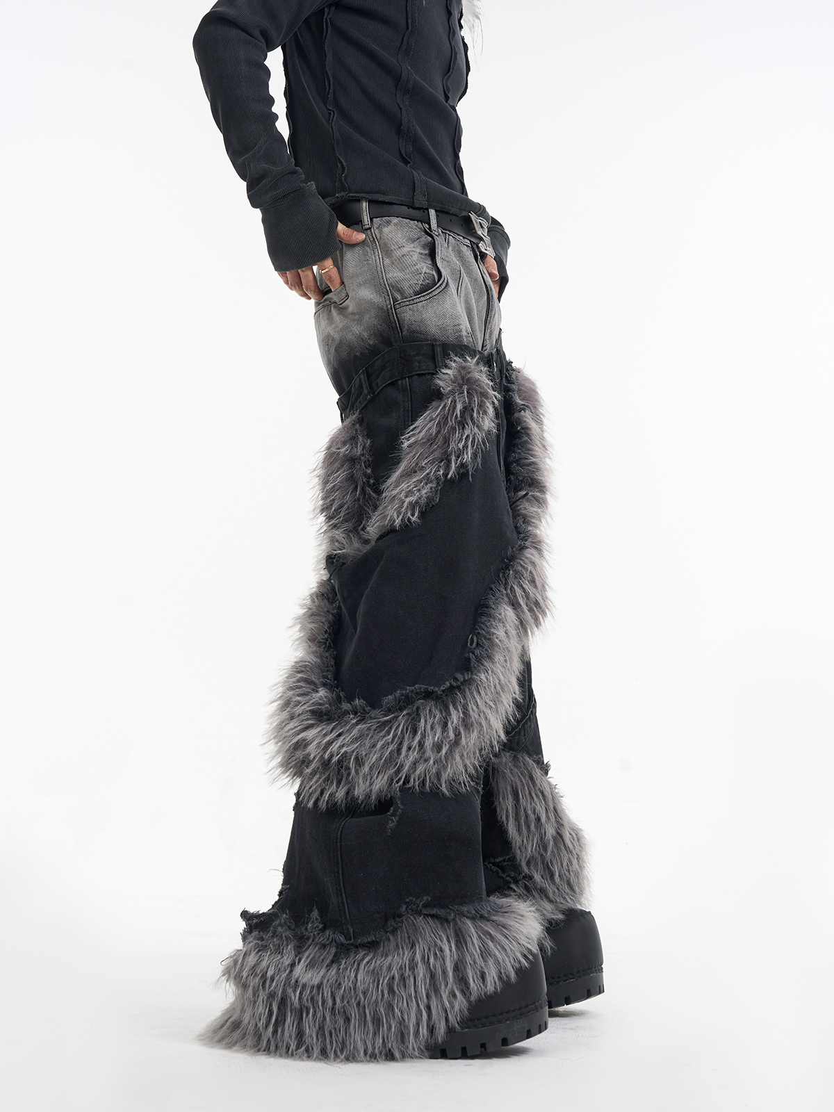 DOUBLE WAIST FUR SPIRAL WIDE LEG JEANS-START EXCEED END